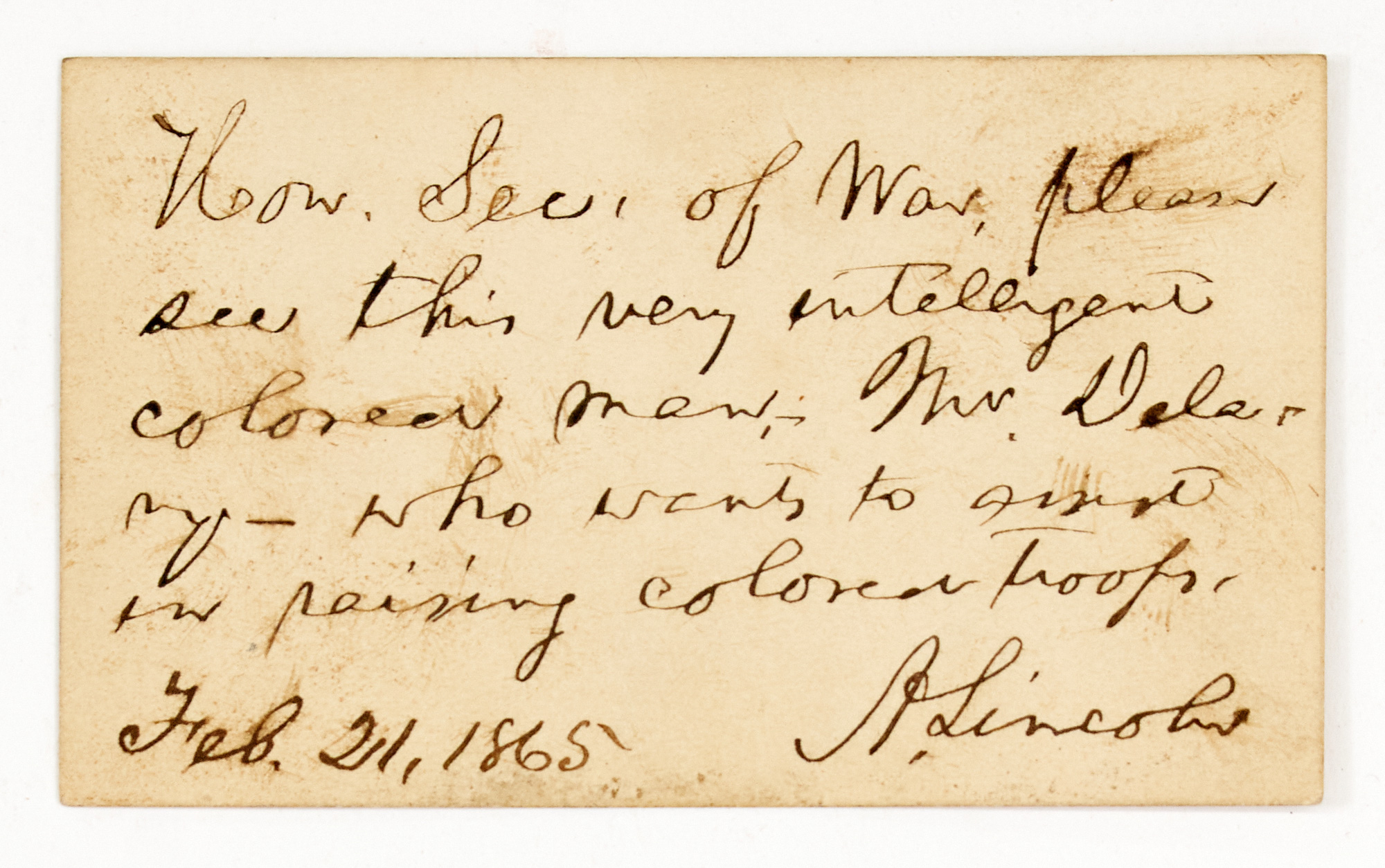 Lot image - LINCOLN, ABRAHAM  Autograph note signed instructing Edwin Stanton to meet with the important African American abolitionist and officer Martin Delany.