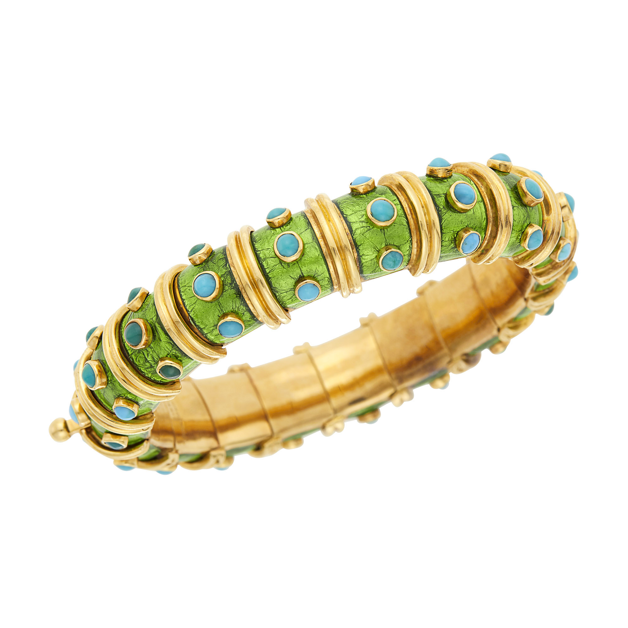 Lot image - Schlumberger Paris Gold, Lime Green Paillonné Enamel and Turquoise Bracelet