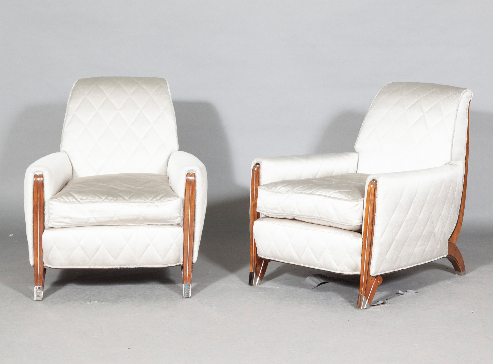 Lot image - Set of Four Art Deco Style Upholstered Stained Wood Armchairs