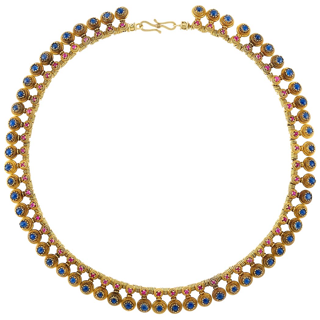 Lot image - Antique Gold, Cabochon Sapphire and Ruby Fringe Necklace, Carlo Giuliano