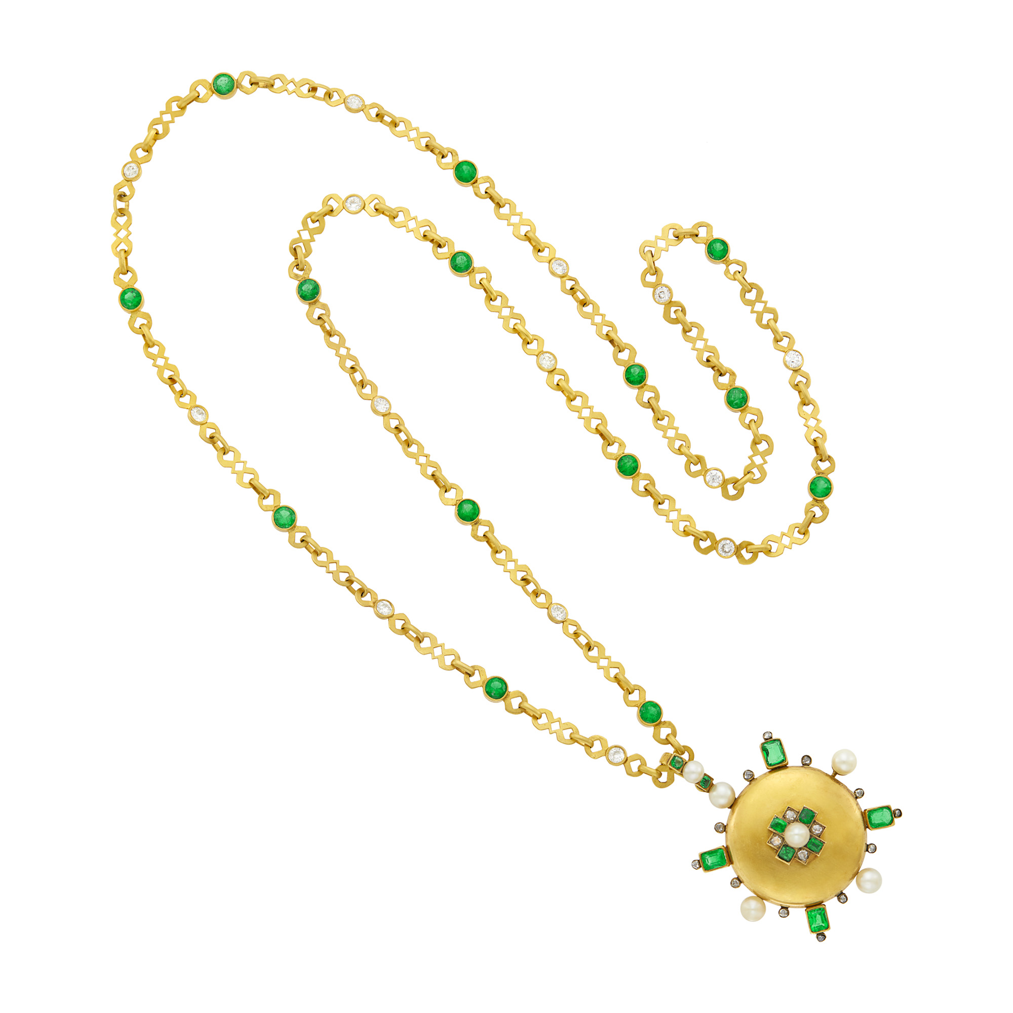 Lot image - Antique Long Gold, Emerald, Pearl and Diamond Pendant-Necklace