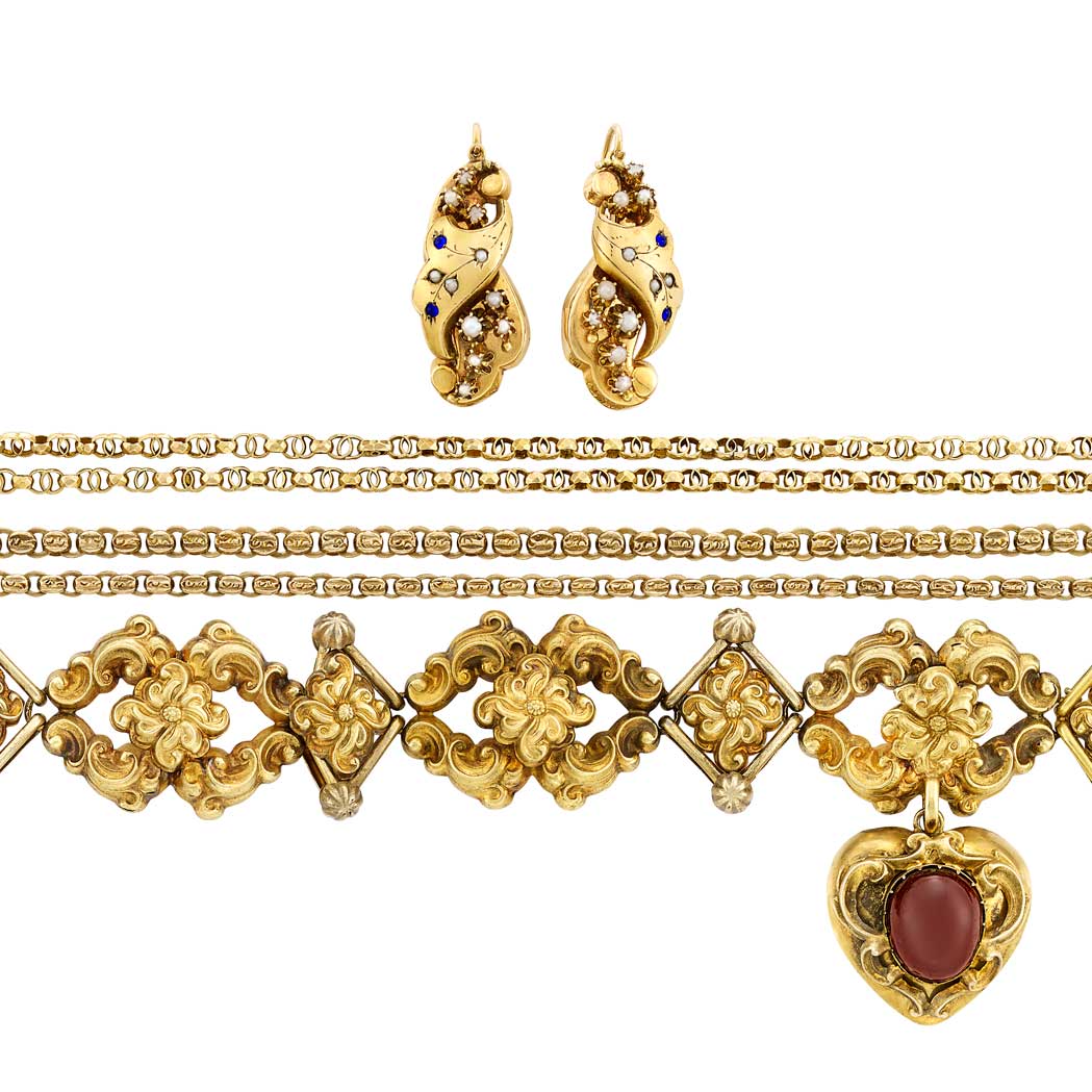 Lot image - Pair of Antique Gold and Seed Pearl Earrings, Gold Repousse and Garnet Charm Bracelet and Two Gold Chain Necklaces