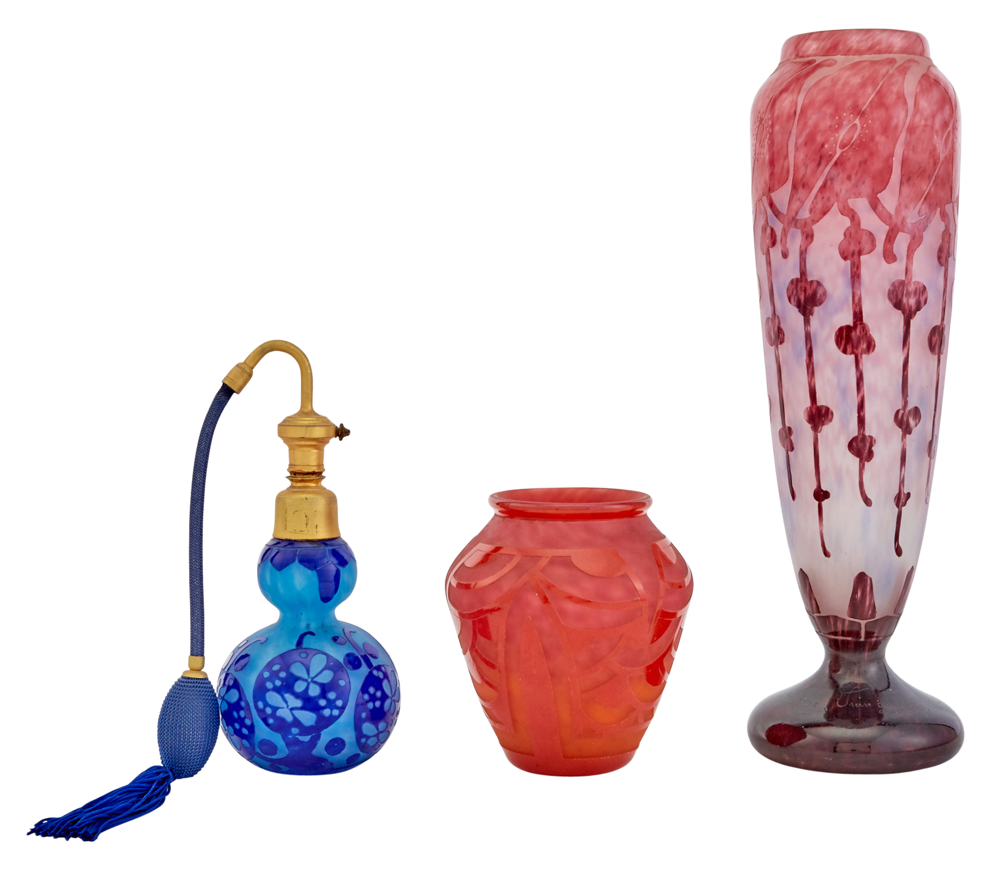 Lot image - Group of Three Le Verre Francais Acid-Etched Cameo Glass Articles