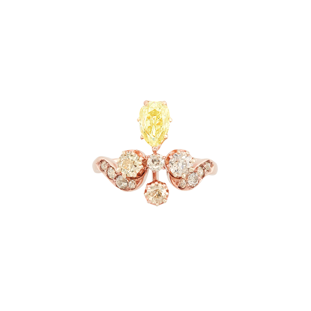 Lot image - Antique Rose Gold, Fancy Light Yellow Diamond and Diamond Ring