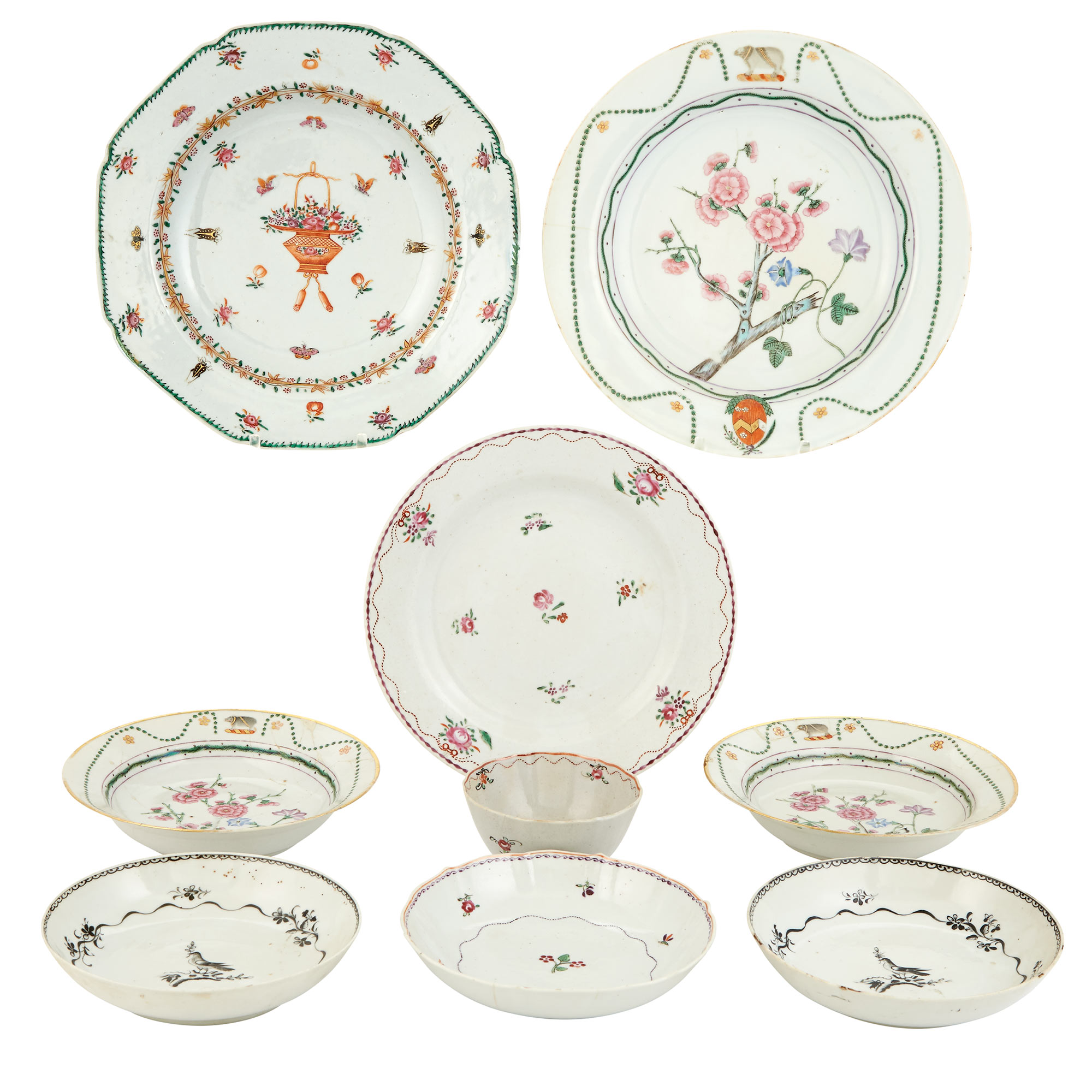 Lot image - Chinese Export Porcelain Famille Rose Armorial Dish and Pair of Saucer Dishes en Suite
