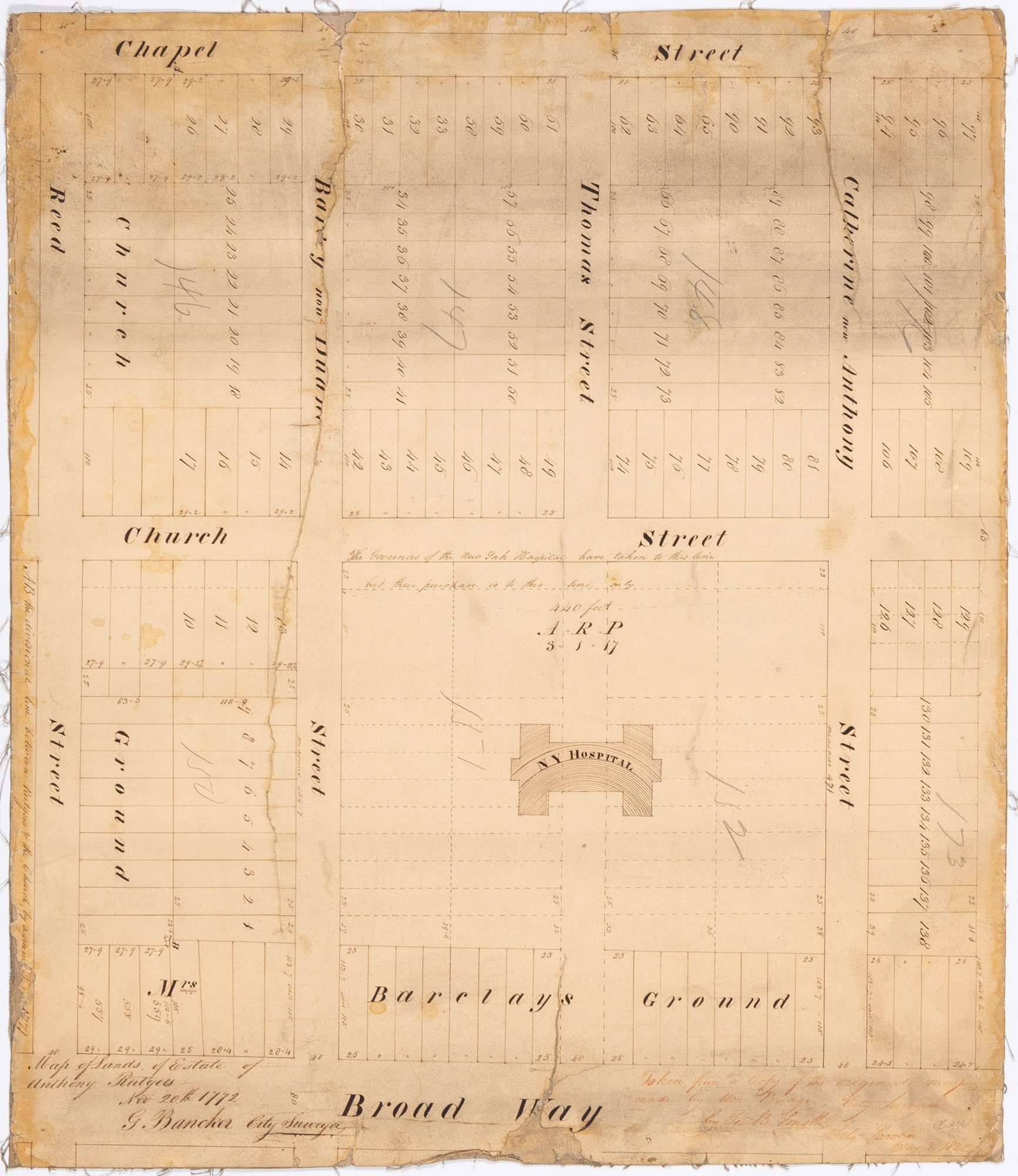 Lot image - [GOERCK, CASIMIR THEODOR, after]  A Map of Mr. Effn Embree & Others place formerly belonging to Anthony Rutgers laying westerly of Great George Street. Surveyed Sept. 6th 1790 by Casimir Th. Goerck, City Surveyor.