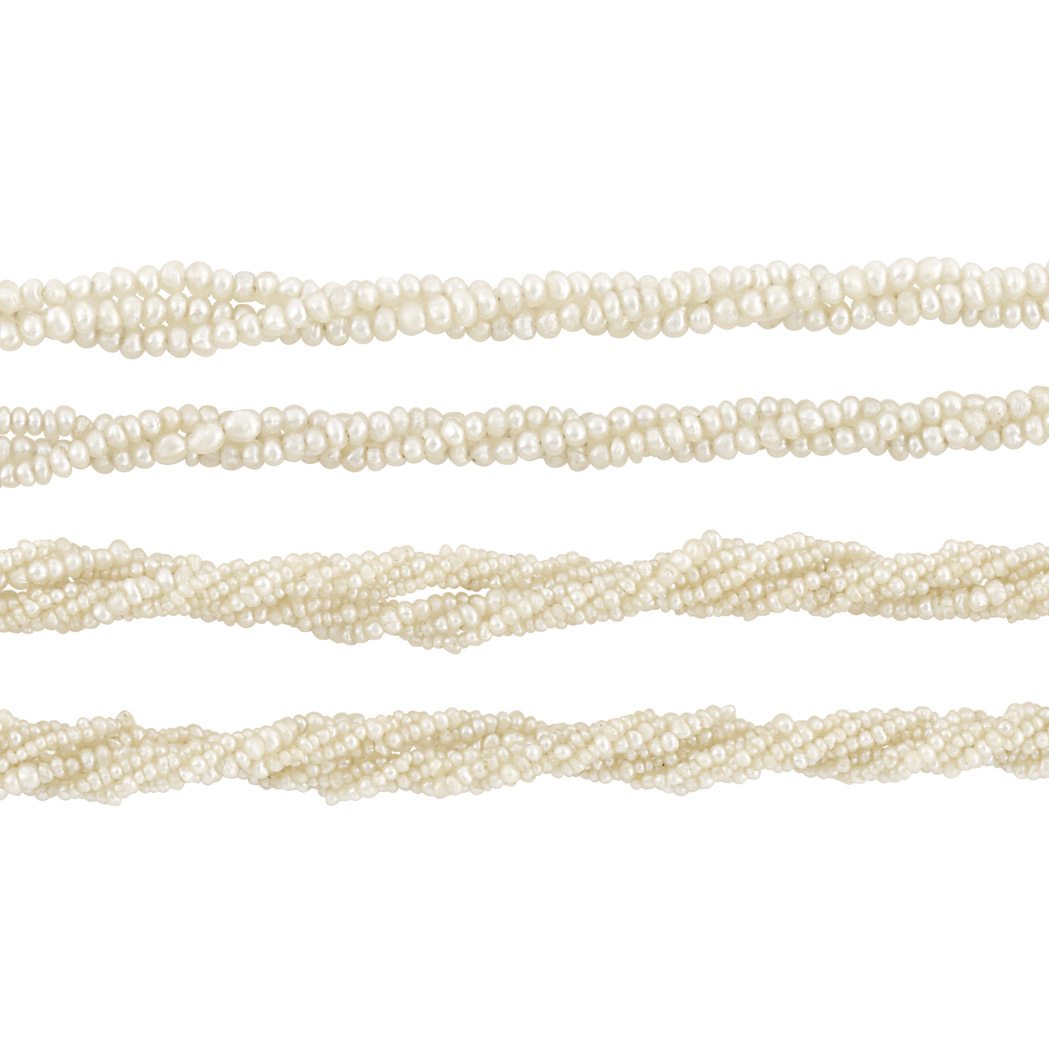 Lot image - Two Antique Multistrand Seed Pearl and Diamond Necklaces with Gold, Silver and Diamond Clasps