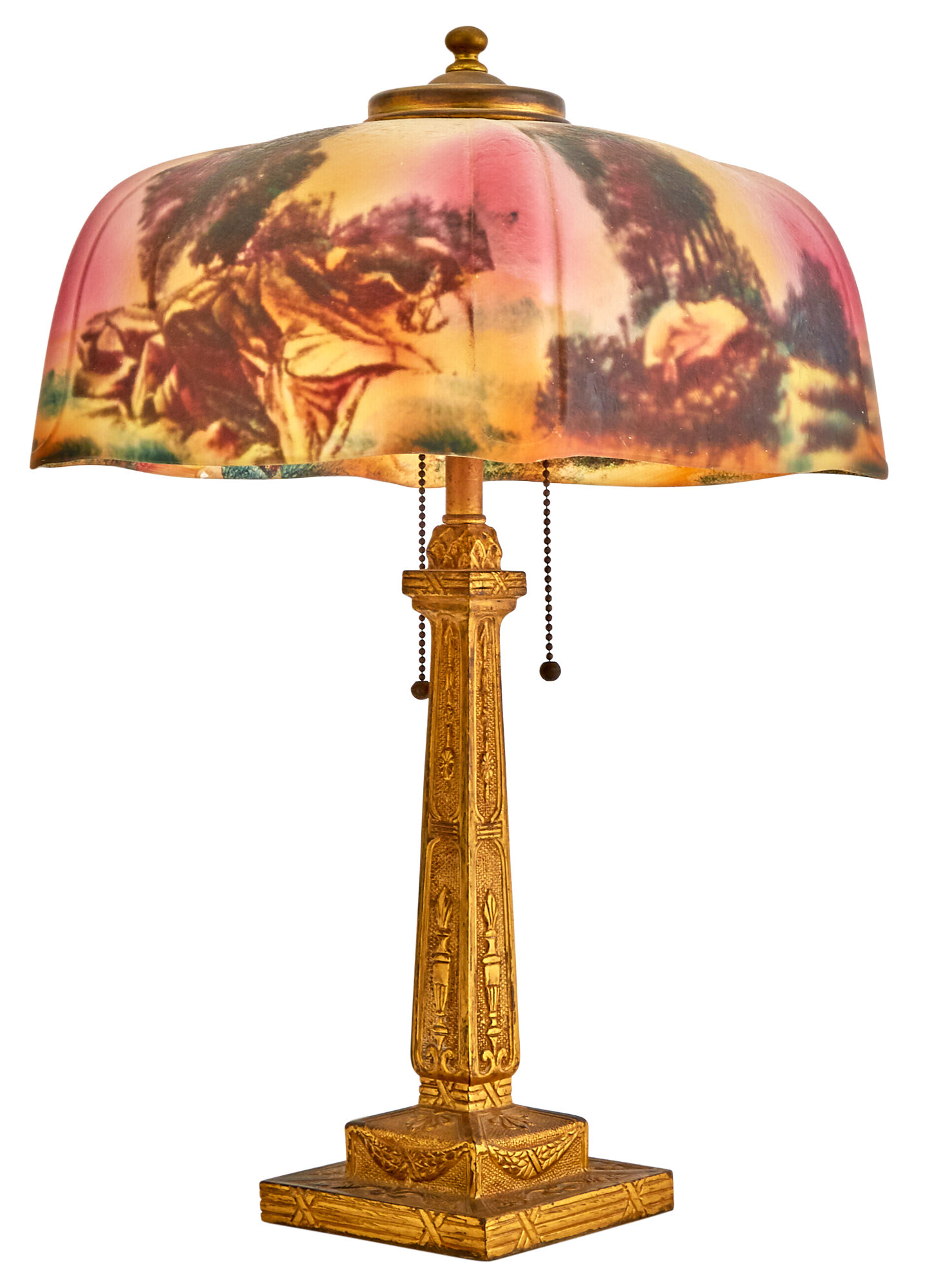 Lot image - American Gilt-Metal and Reverse-Painted Glass Scenic Table Lamp