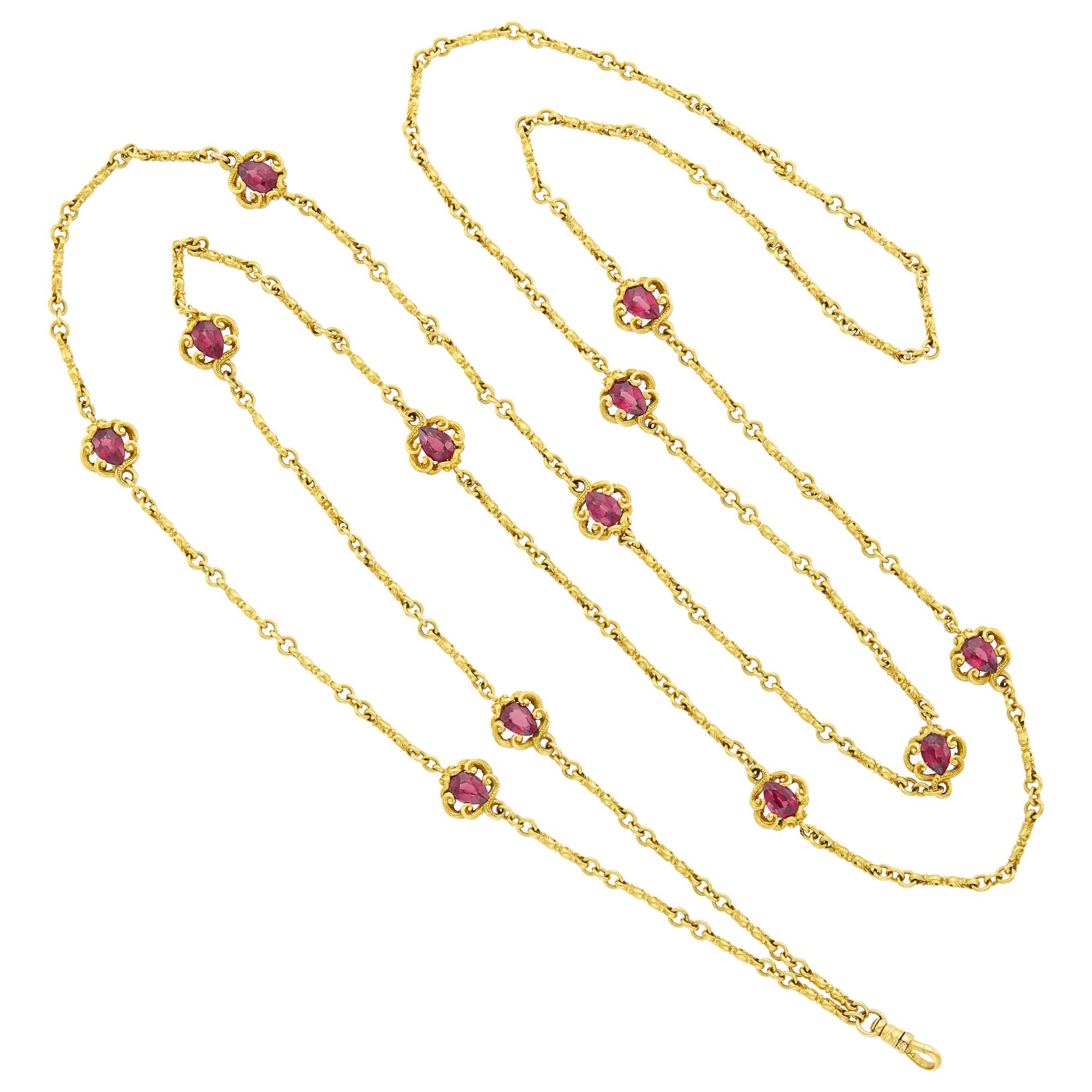 Lot image - Long Art Nouveau Gold and Rhodolite Garnet Watch Chain