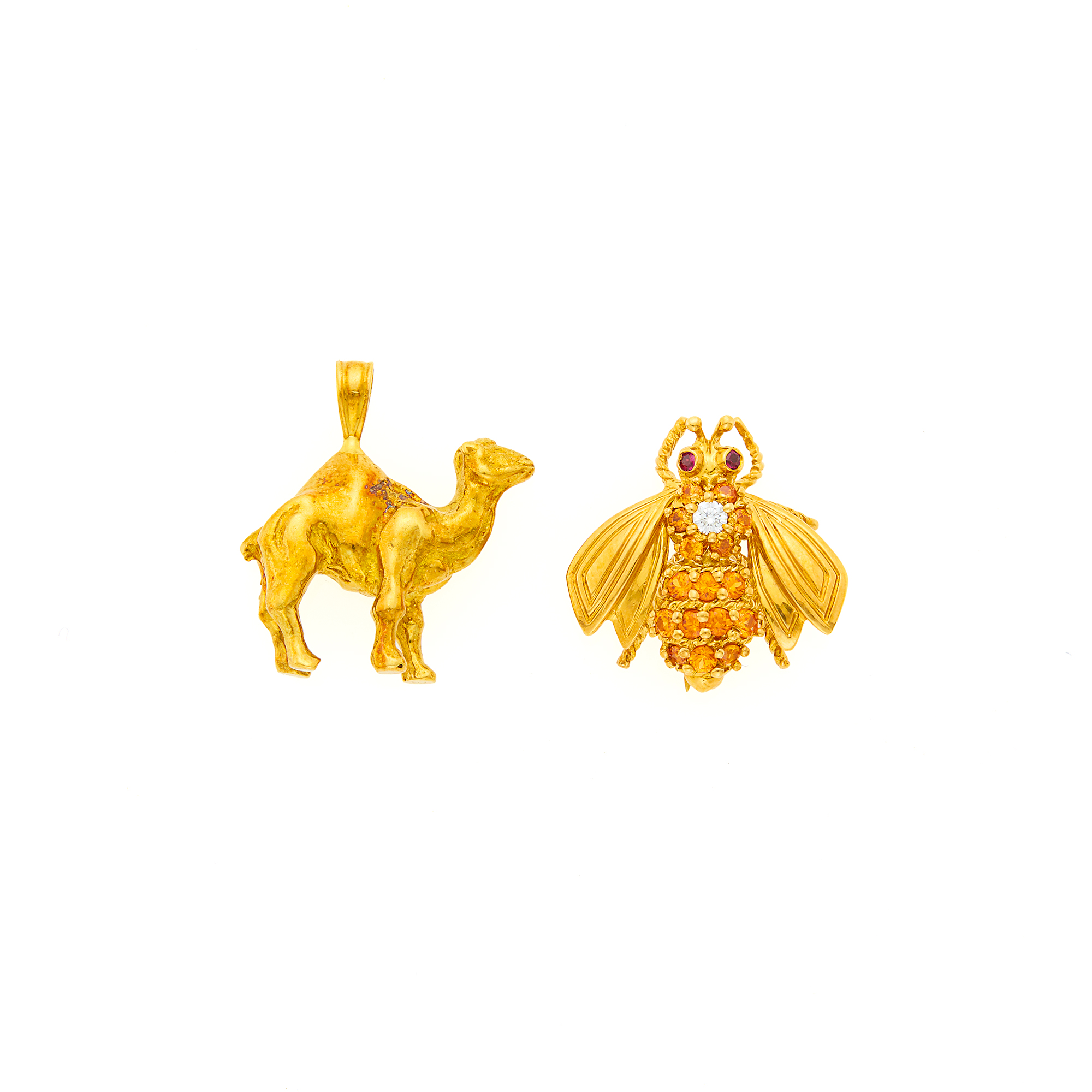 Lot image - Gold Camel Charm and Tiffany & Co. Gold, Orange Sapphire and Diamond Bee Pin