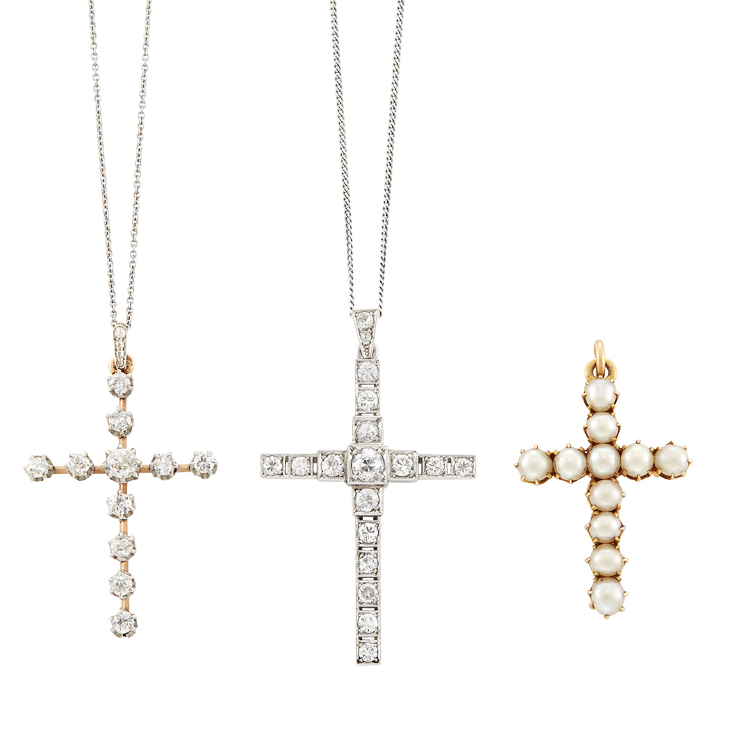 Lot image - Three Antique Platinum, Gold, Diamond and Button Pearl Cross Pendants and Two Chains