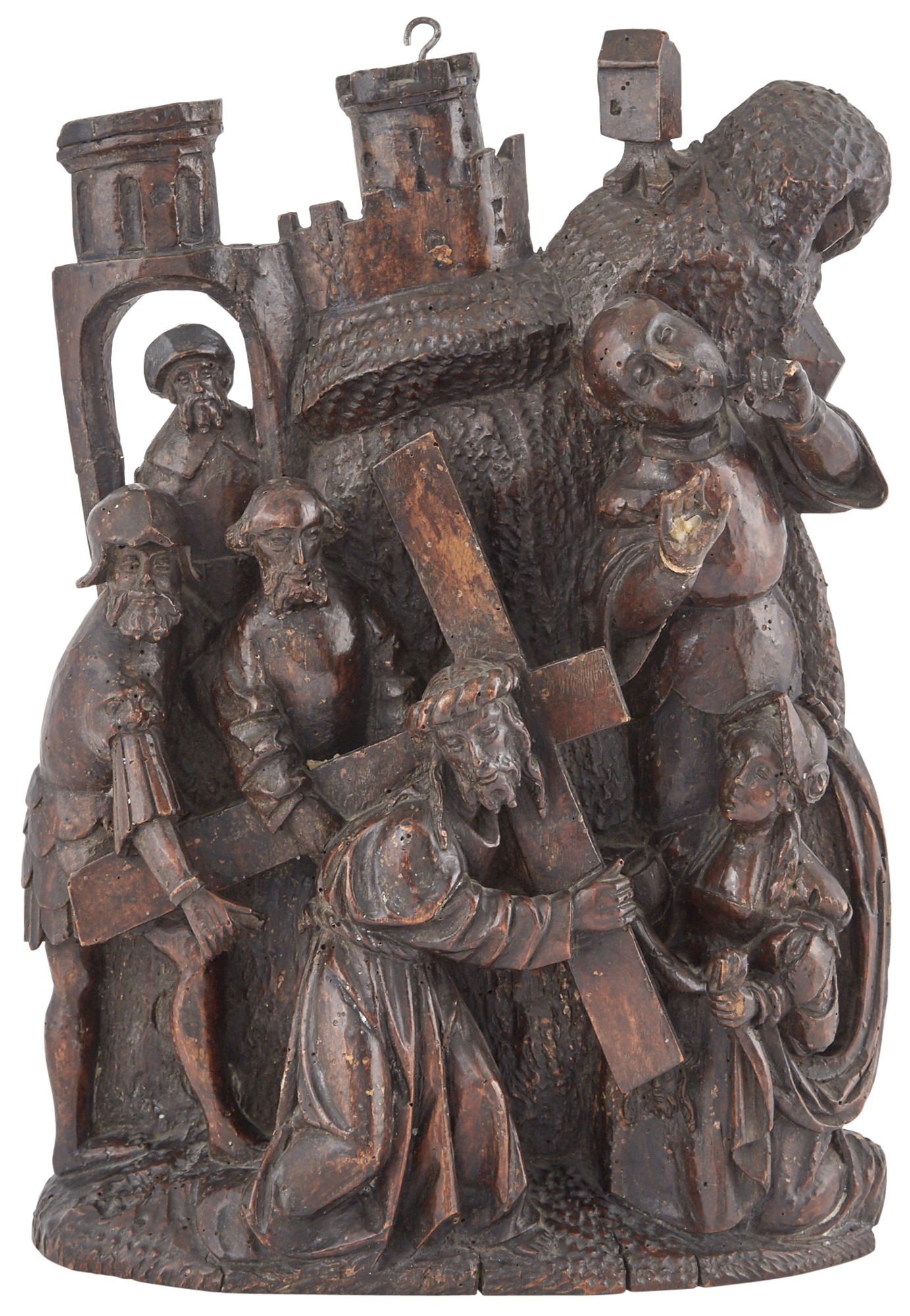 Lot image - Flemish Carved Walnut Panel of Christ Carrying the Cross