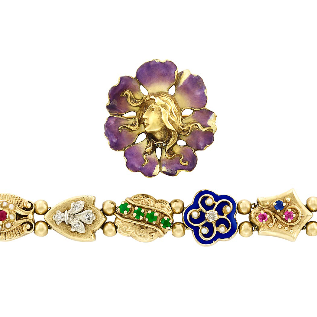 Lot image - Gold, Gem-Set and Enamel Slide Bracelet and Art Nouveau Gold, Purple Enamel and Diamond Floral Lady Pin