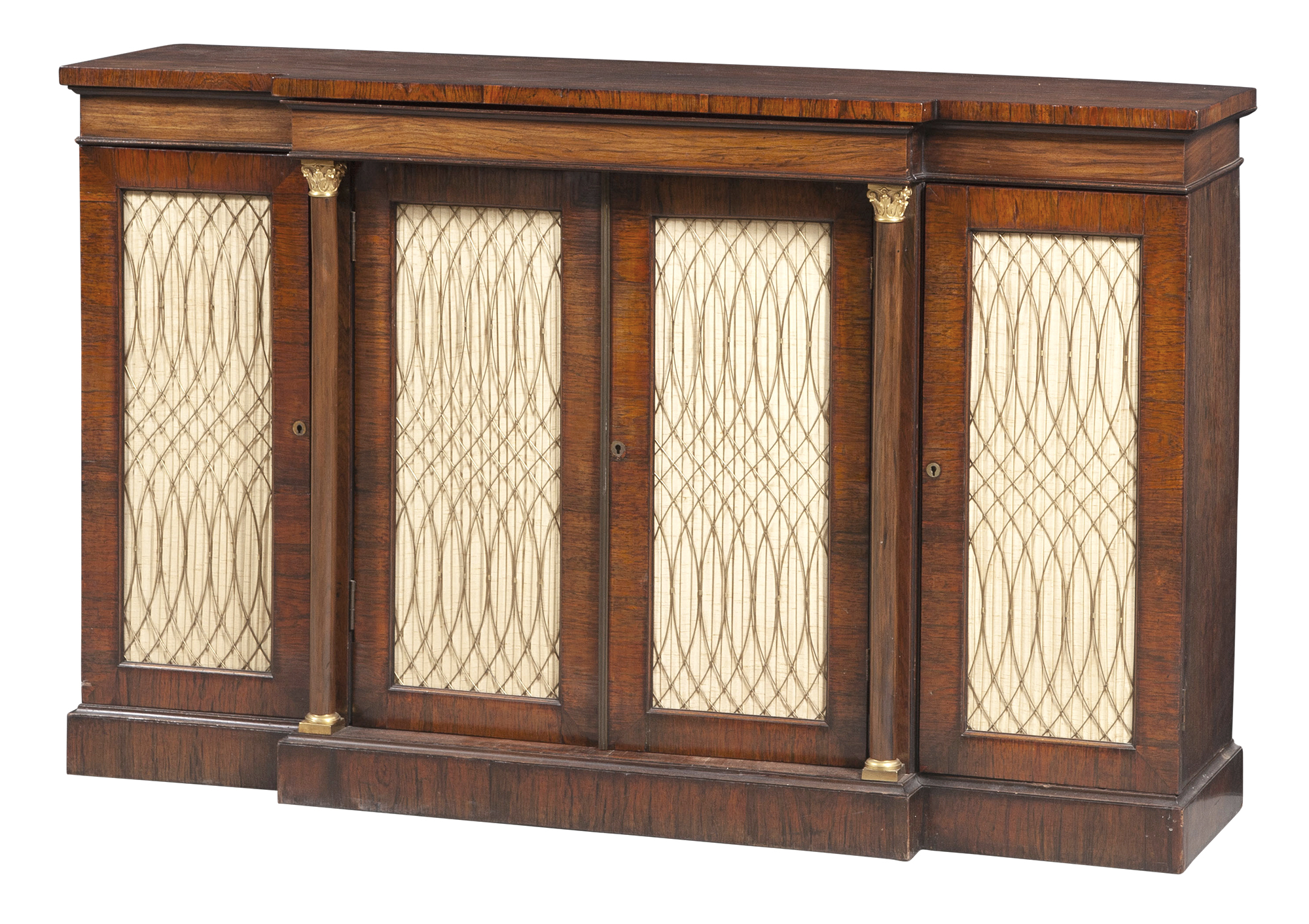 Lot image - Regency Rosewood, Brass and Gilt-Bronze Mounted Breakfront Cabinet