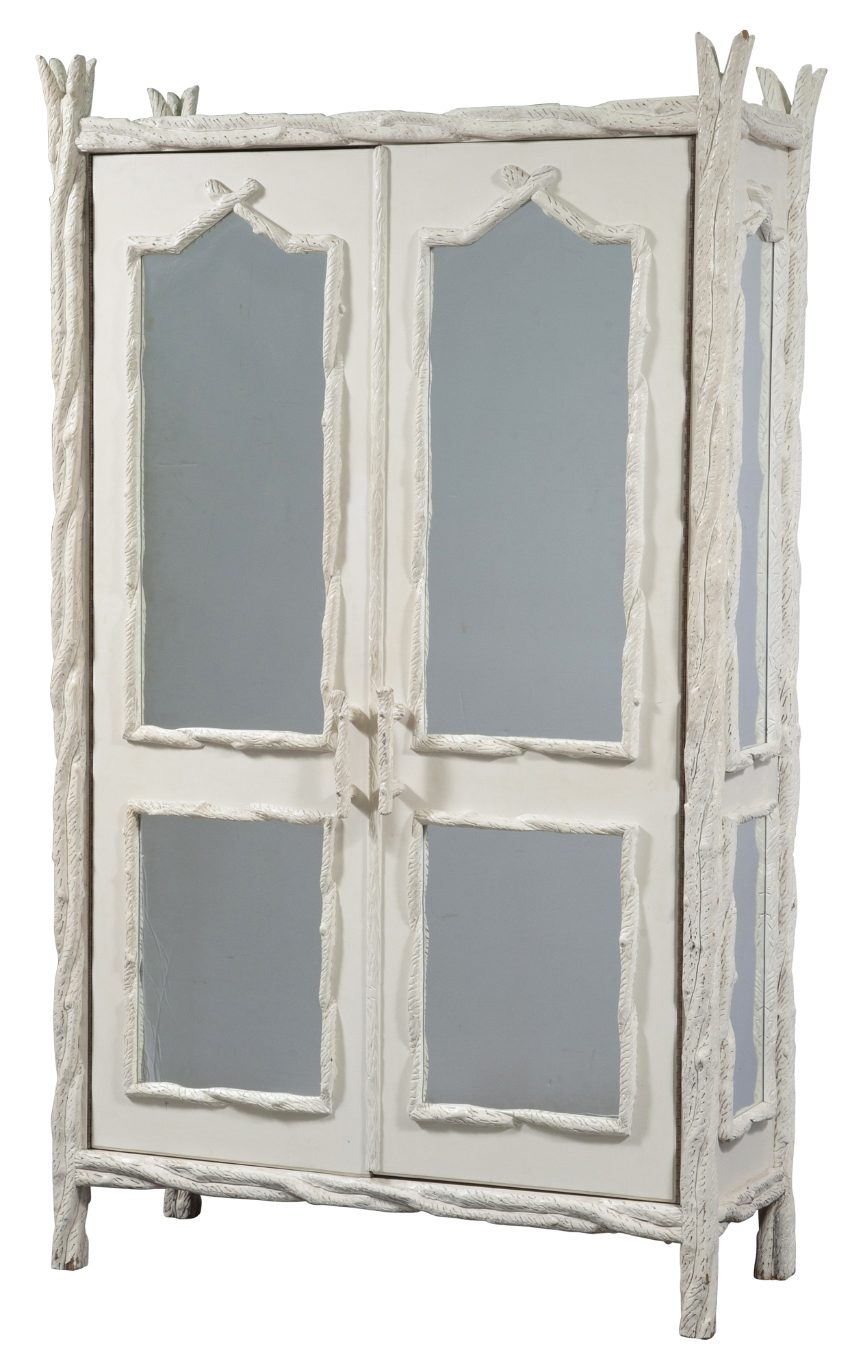 Lot image - Black Forest Style White Painted Mirrored Door Armoire