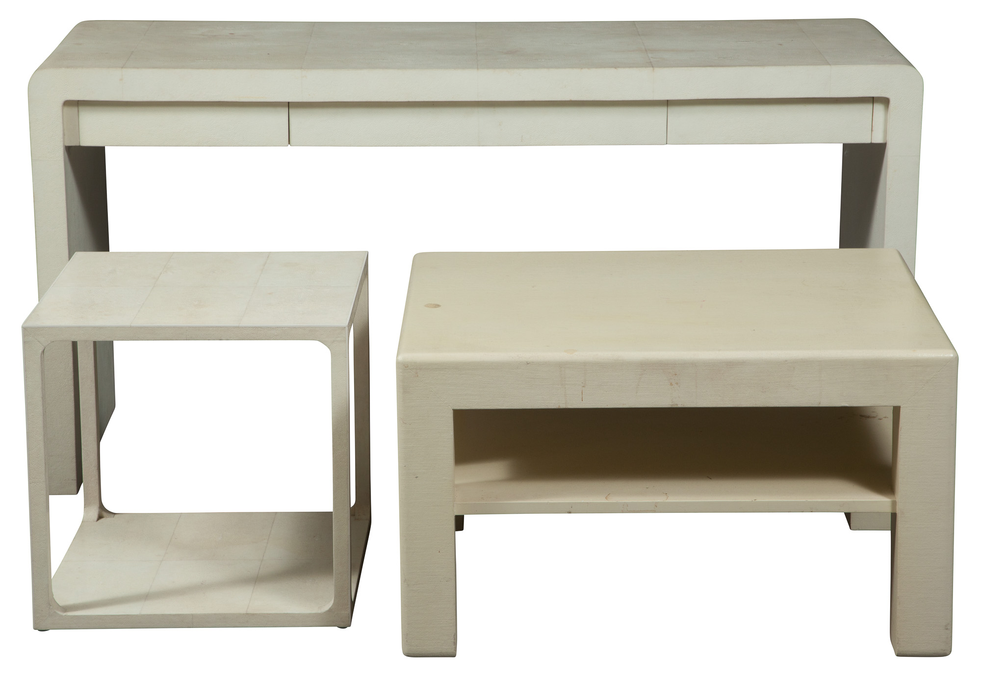 Lot image - Karl Springer Shagreen White Faux Low Table; Together With White Linen Covered Two-Tier Table and Faux Shagreen Low Table