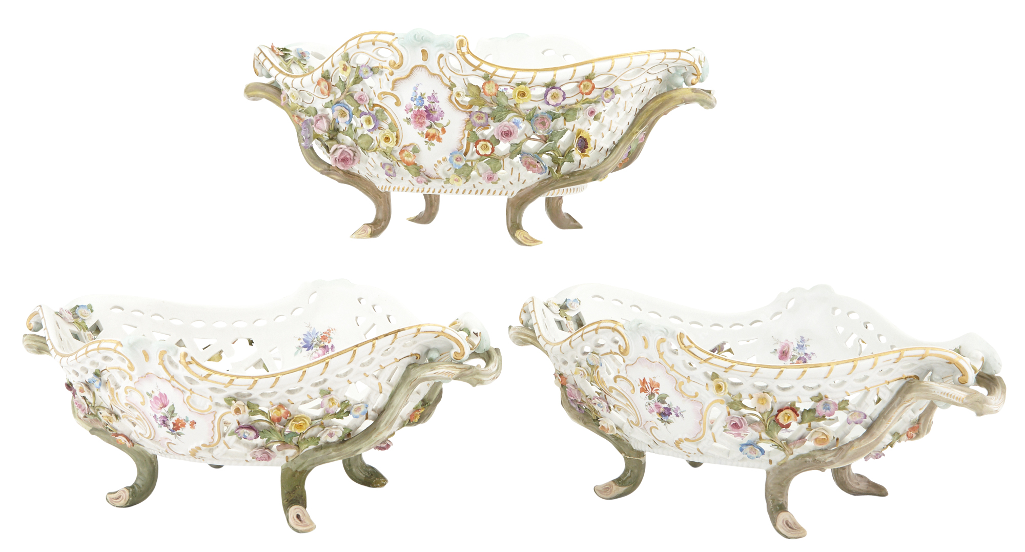 Lot image - Assembled Graduated Set of Three Meissen Hand-Painted and Flower-Encrusted Reticulated Porcelain Two-Handled Footed Baskets