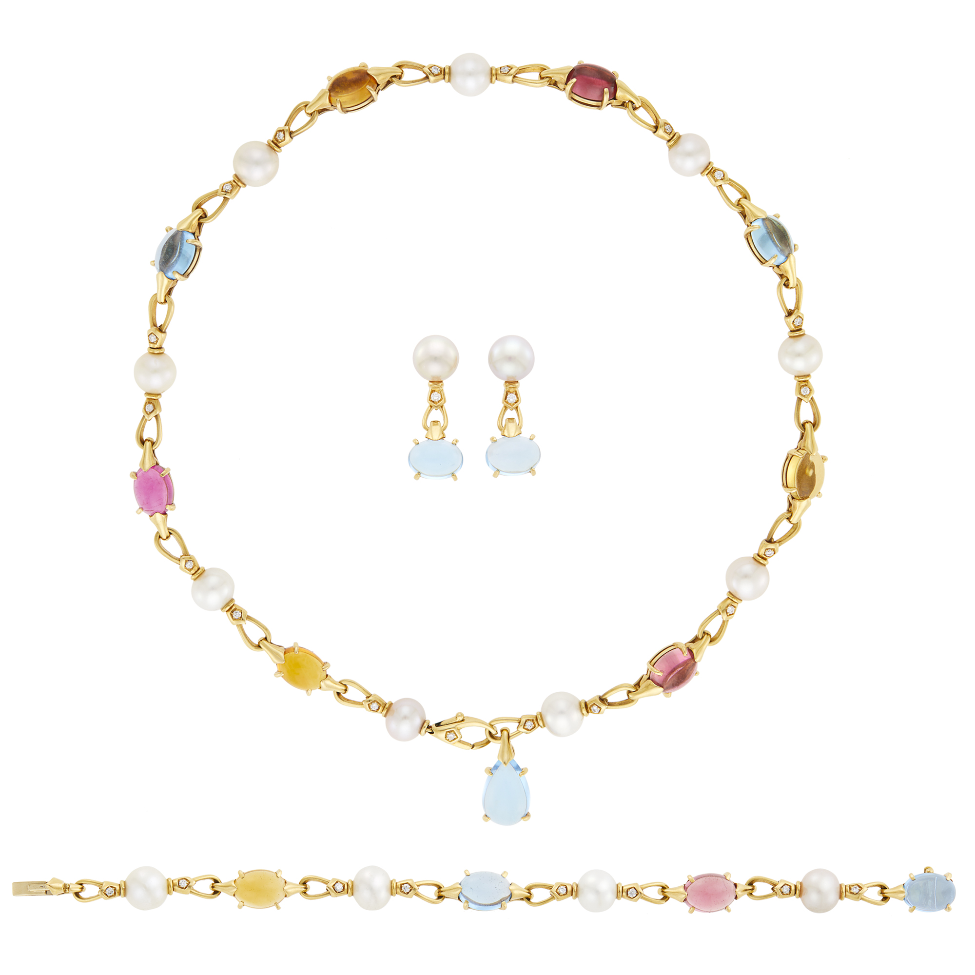 Lot image - Bulgari Gold, Cabochon Colored Stone, Freshwater Pearl and Diamond Allegra Necklace, Bracelet and Pair of Pendant-Earrings