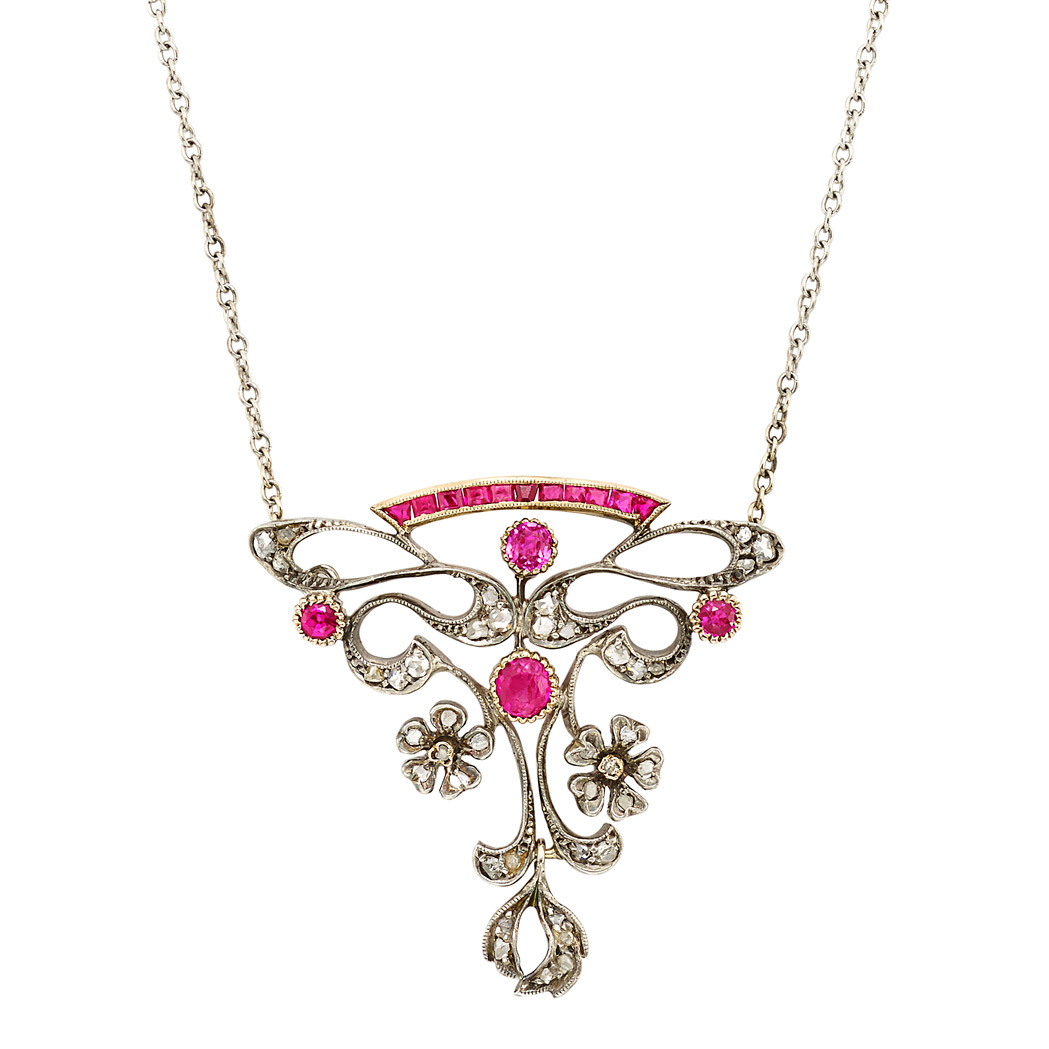 Lot image - Belle Epoque Silver-Topped Gold, Ruby, Synthetic Ruby and Diamond Pendant-Brooch with Chain