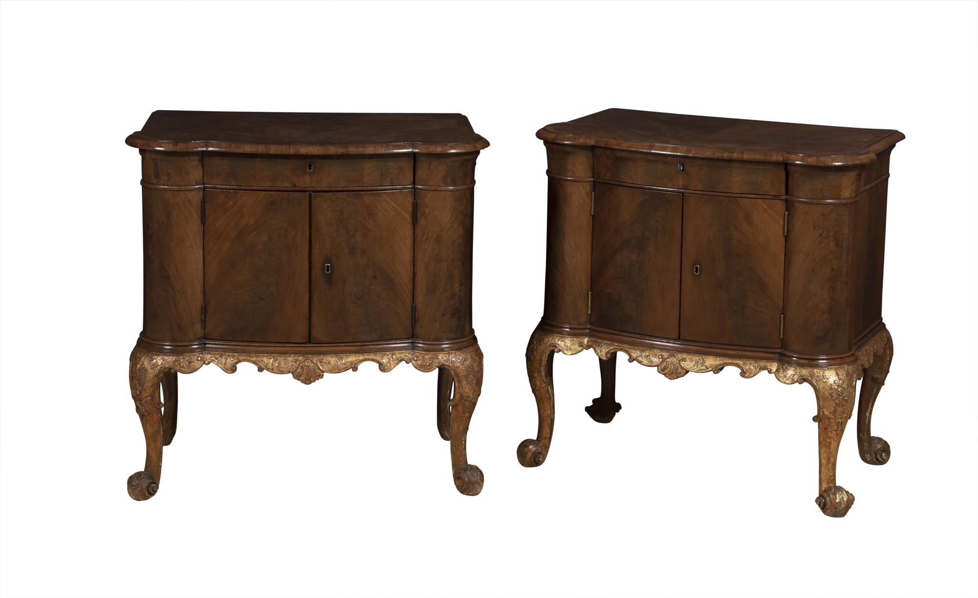 Lot image - Pair of George I/II Style Mahogany and Giltwood Bedside Cupboards