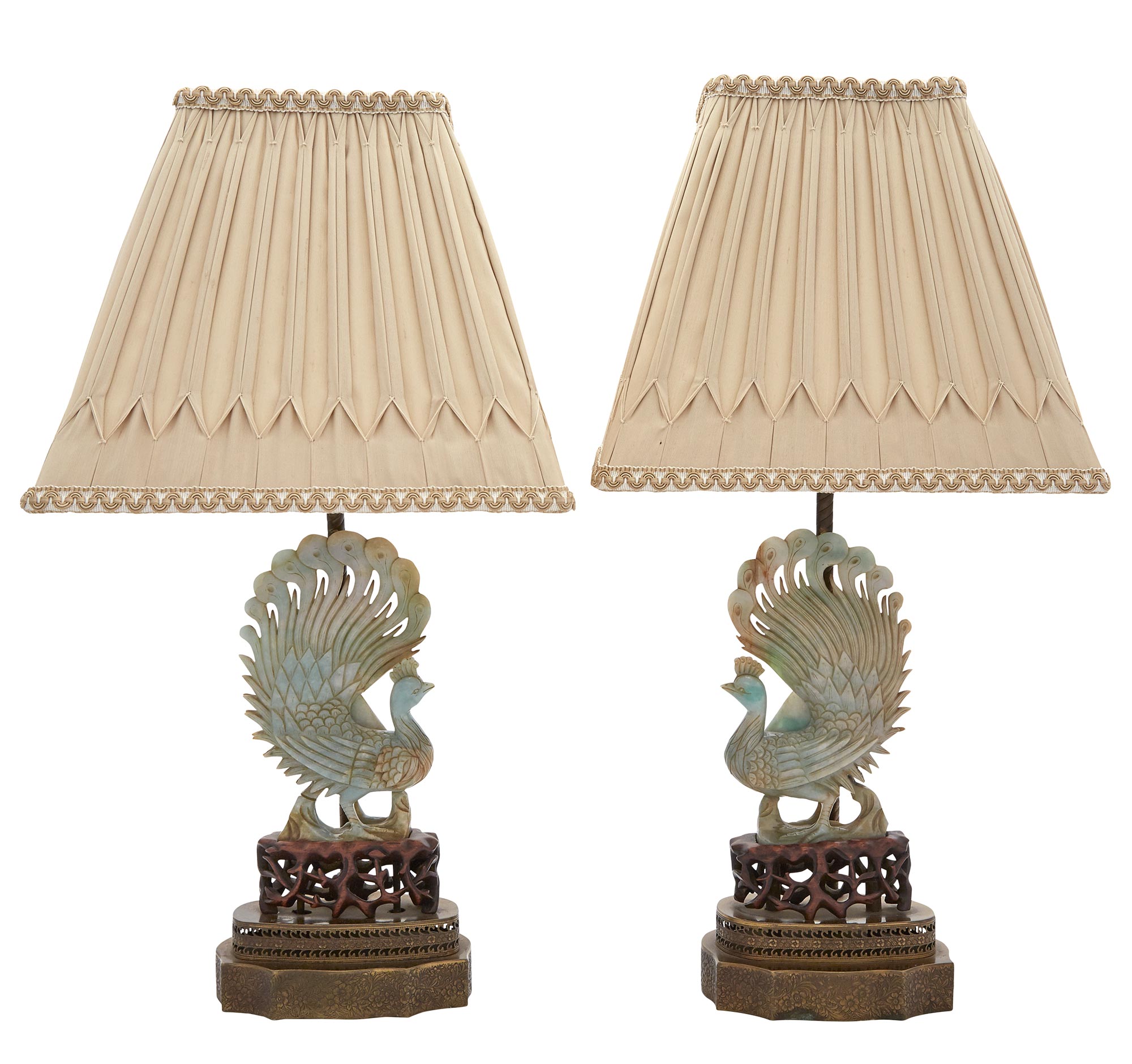 Lot image - Pair of Chinese Celadon Jade Figures of Peacocks