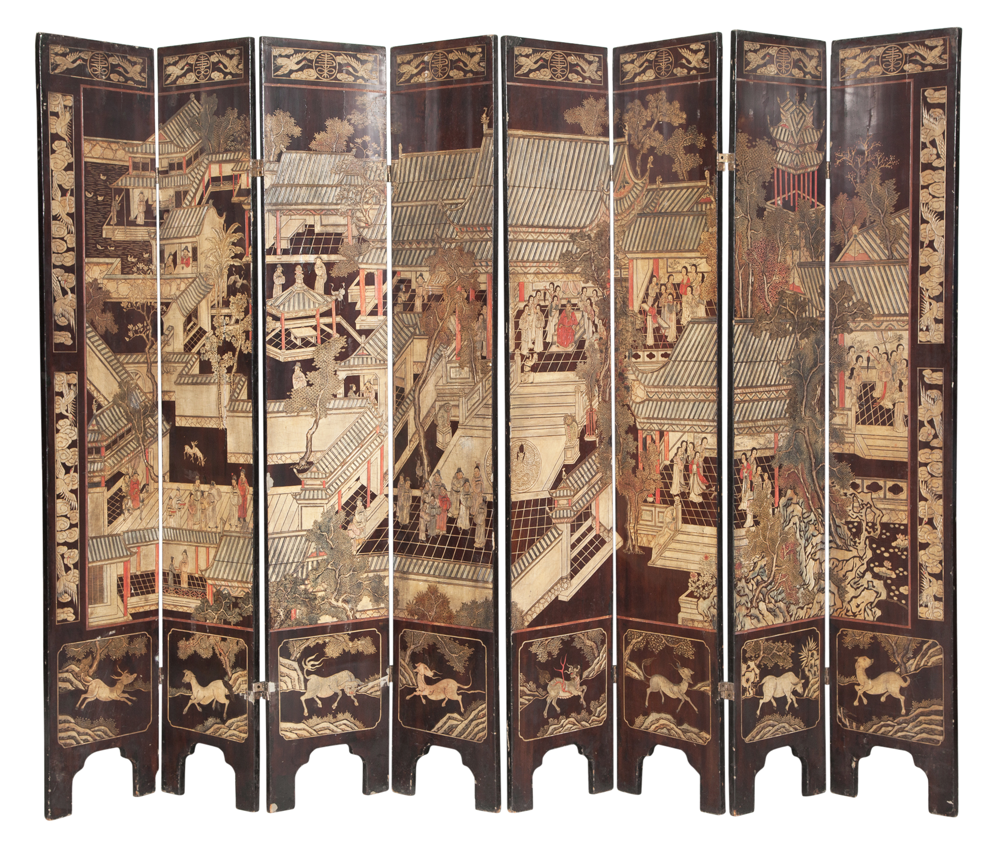 Lot image - Chinese Polychrome-Decorated Coromandel Eight-Panel Screen