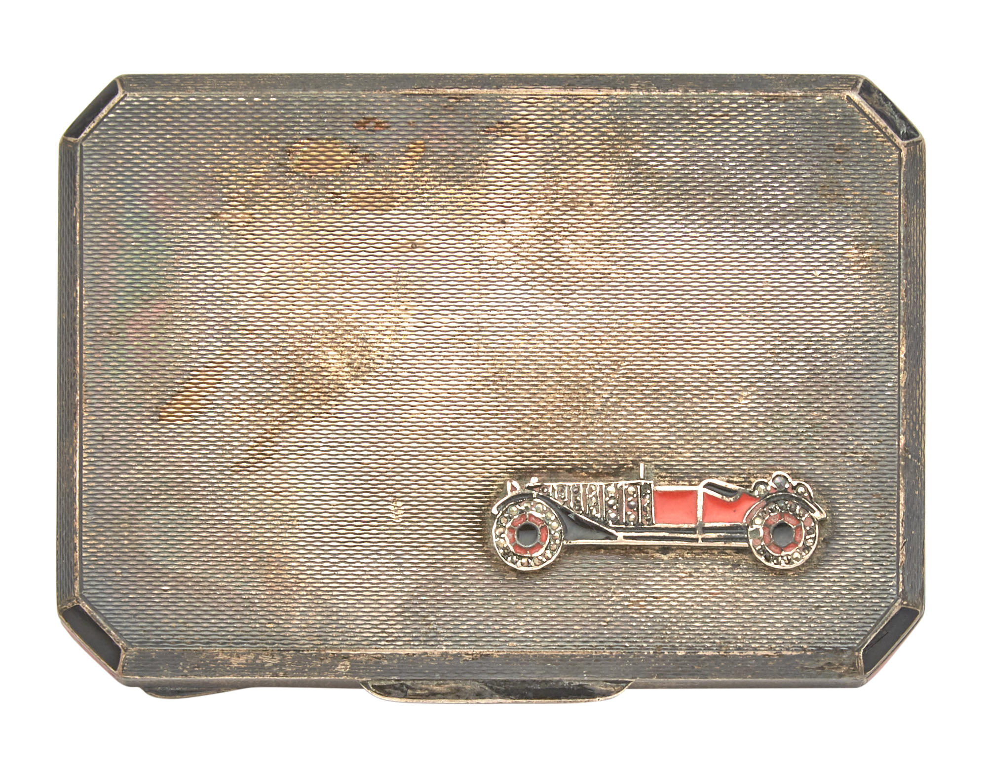 Lot image - Continental Art Deco Silver, Marcasite and Red and Black Enameled Case