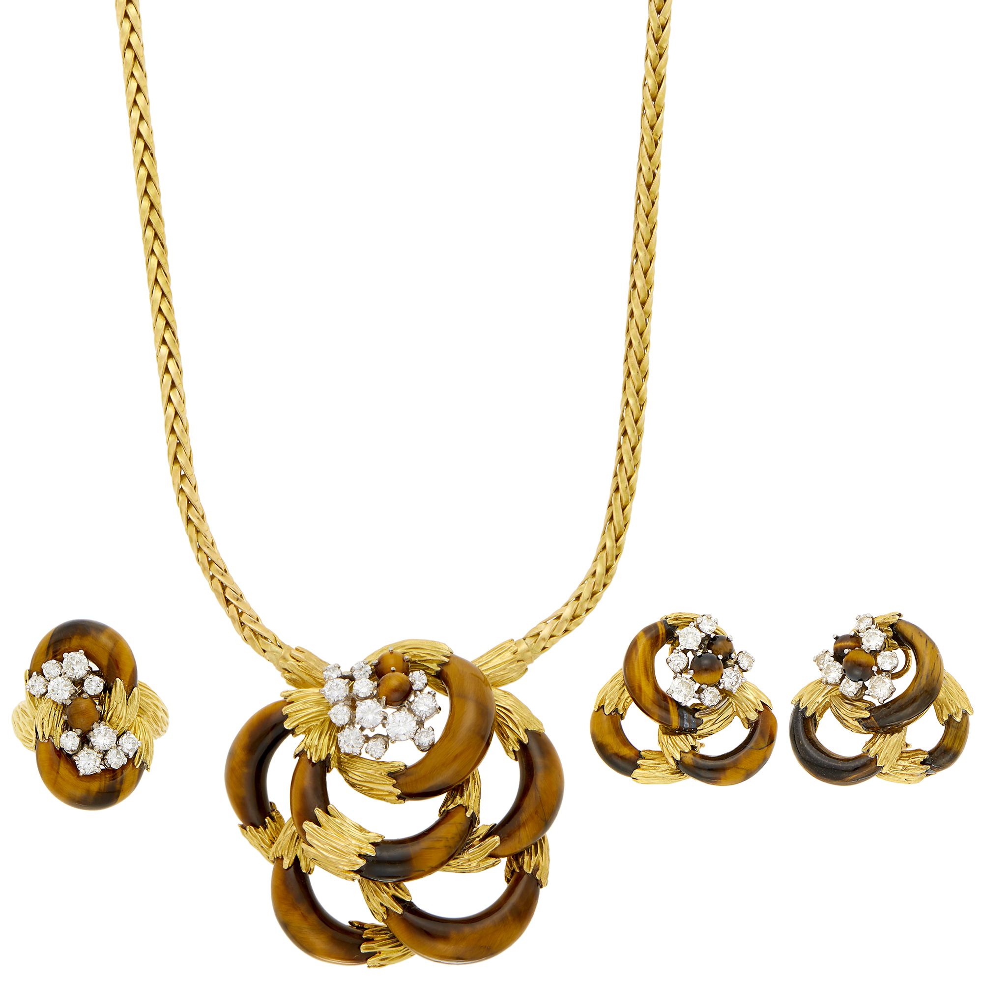 Lot image - Kutchinsky Gold, Tigers Eye and Diamond Pendant-Necklace, Pair of Earclips and Ring