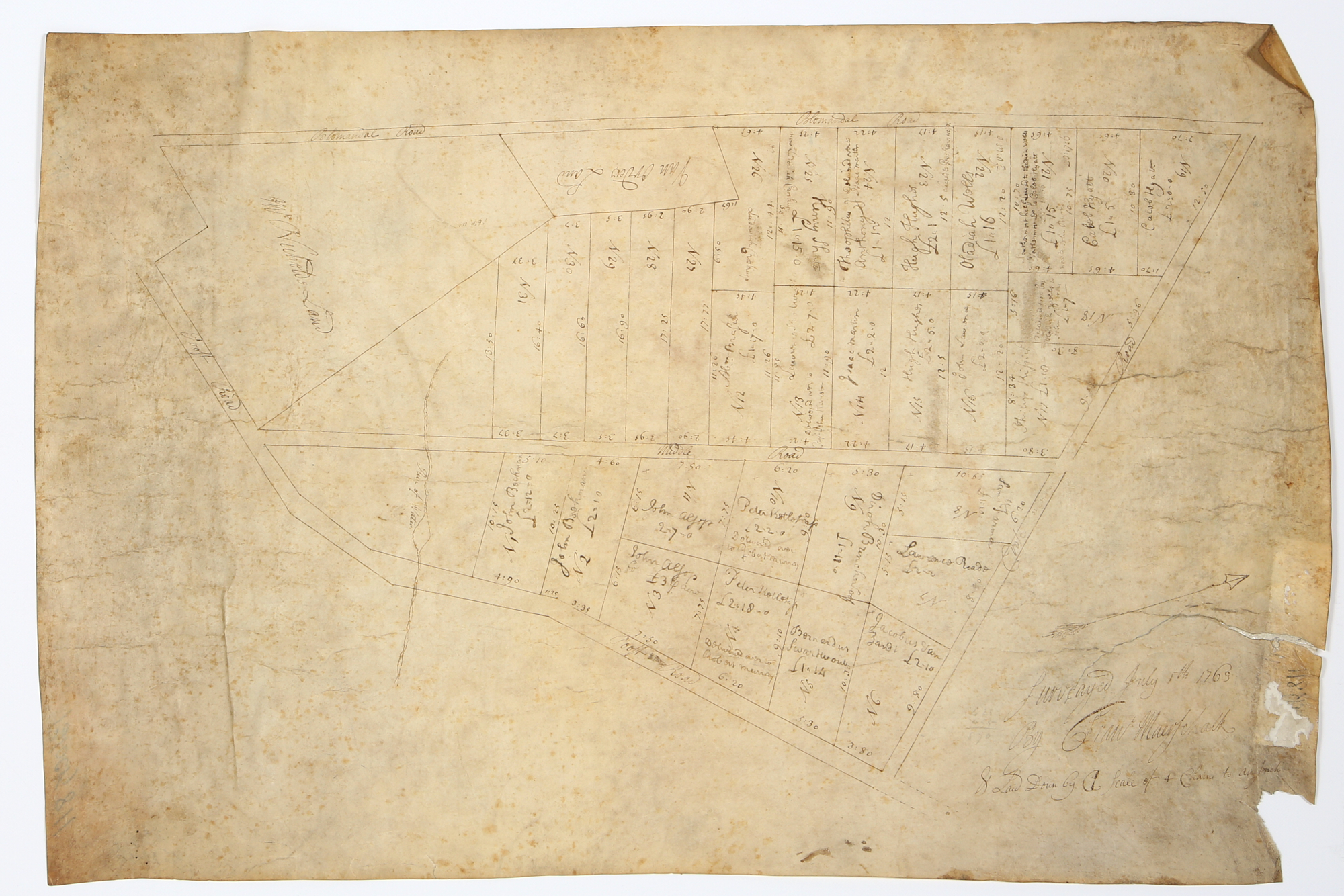 Lot image - [MURRAY HILL]  MAERSCHALK, FRANCIS M. Mansucript map on vellum of the Blomendal (Bloomingdale) Road near Inclenburg, 1763.