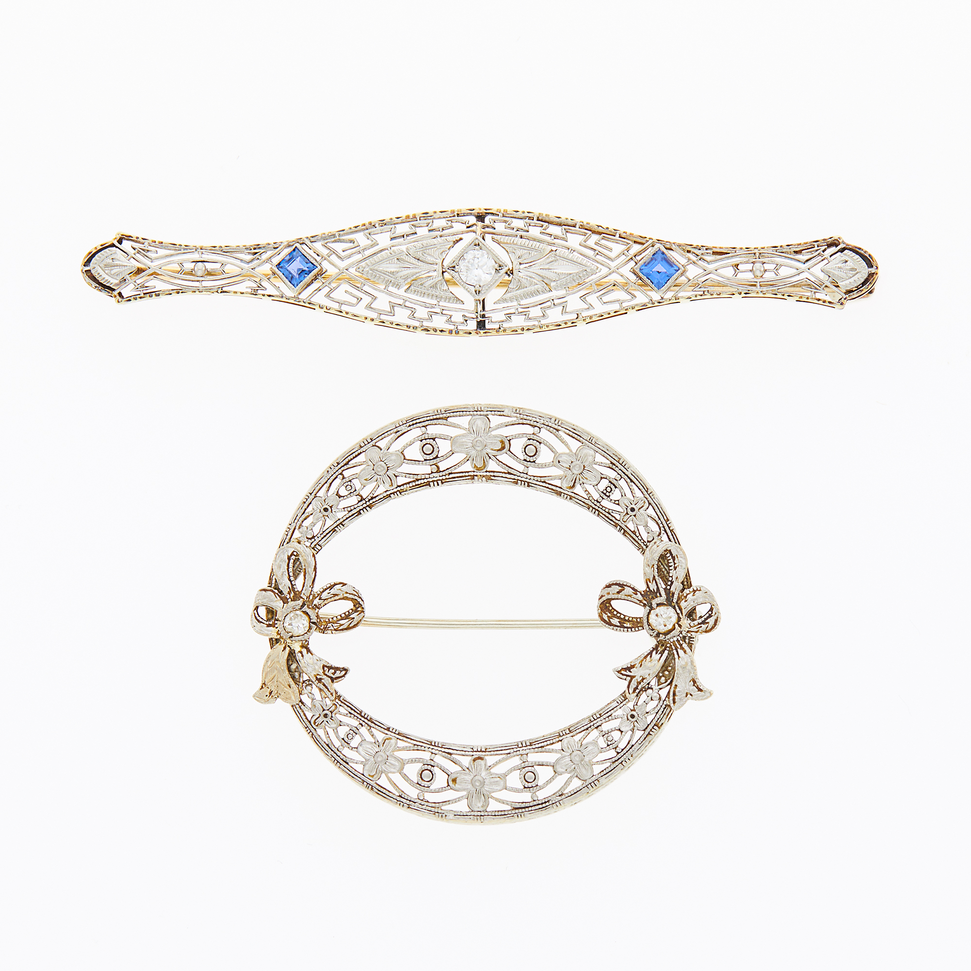 Lot image - Two Two-Color Gold, Diamond and Sapphire Brooches