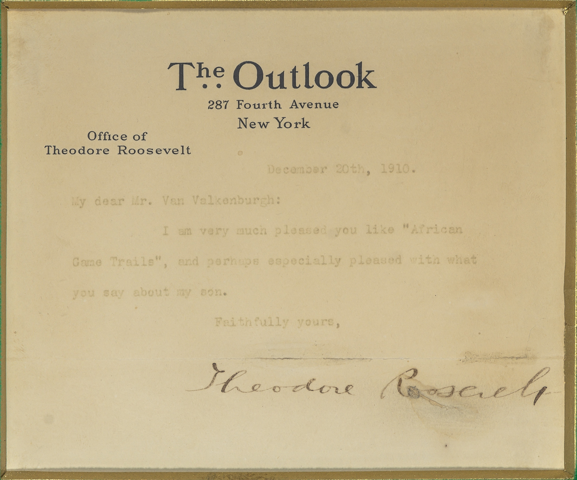 Lot image - ROOSEVELT, THEODORE  Typed letter signed on Outlook