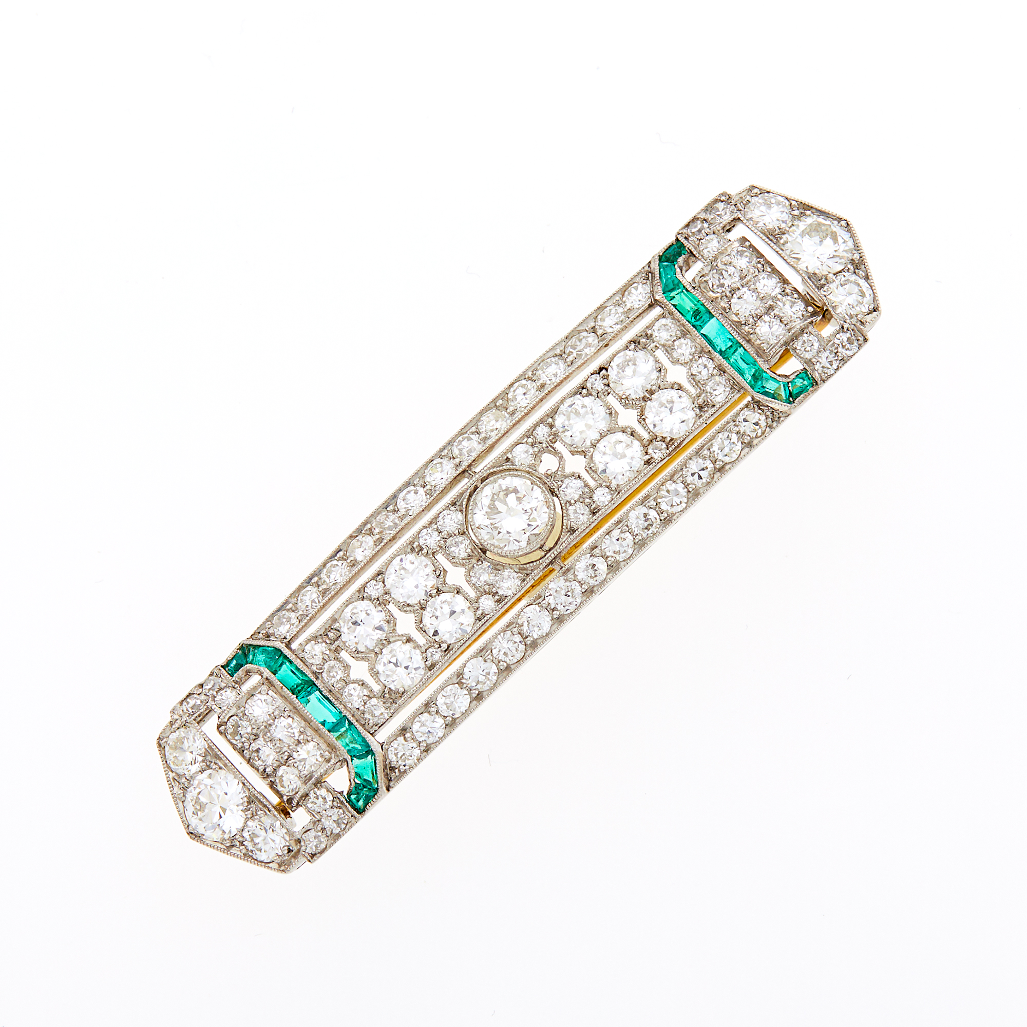 Lot image - Tiffany & Co. Platinum, Diamond and Emerald Bar Pin