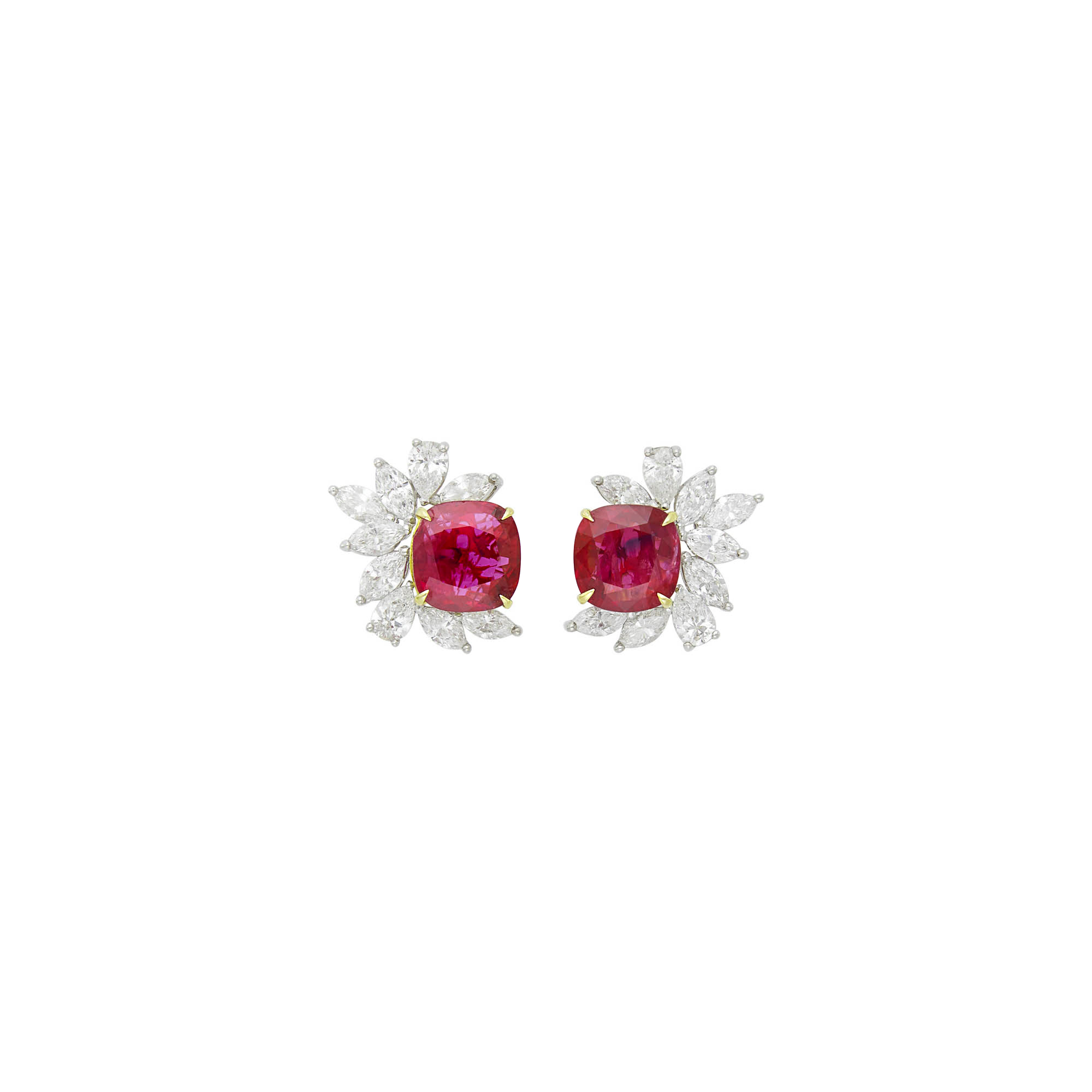 Lot image - Pair of Two-Color Gold, Ruby and Diamond Earrings