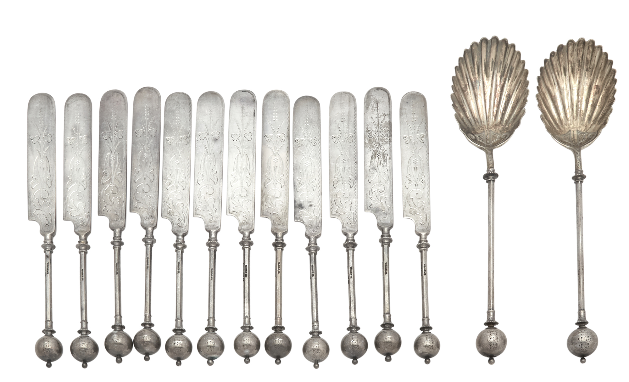 Lot image - Set of Twelve American Sterling Silver Breakfast Knives and a Pair of Serving Spoons