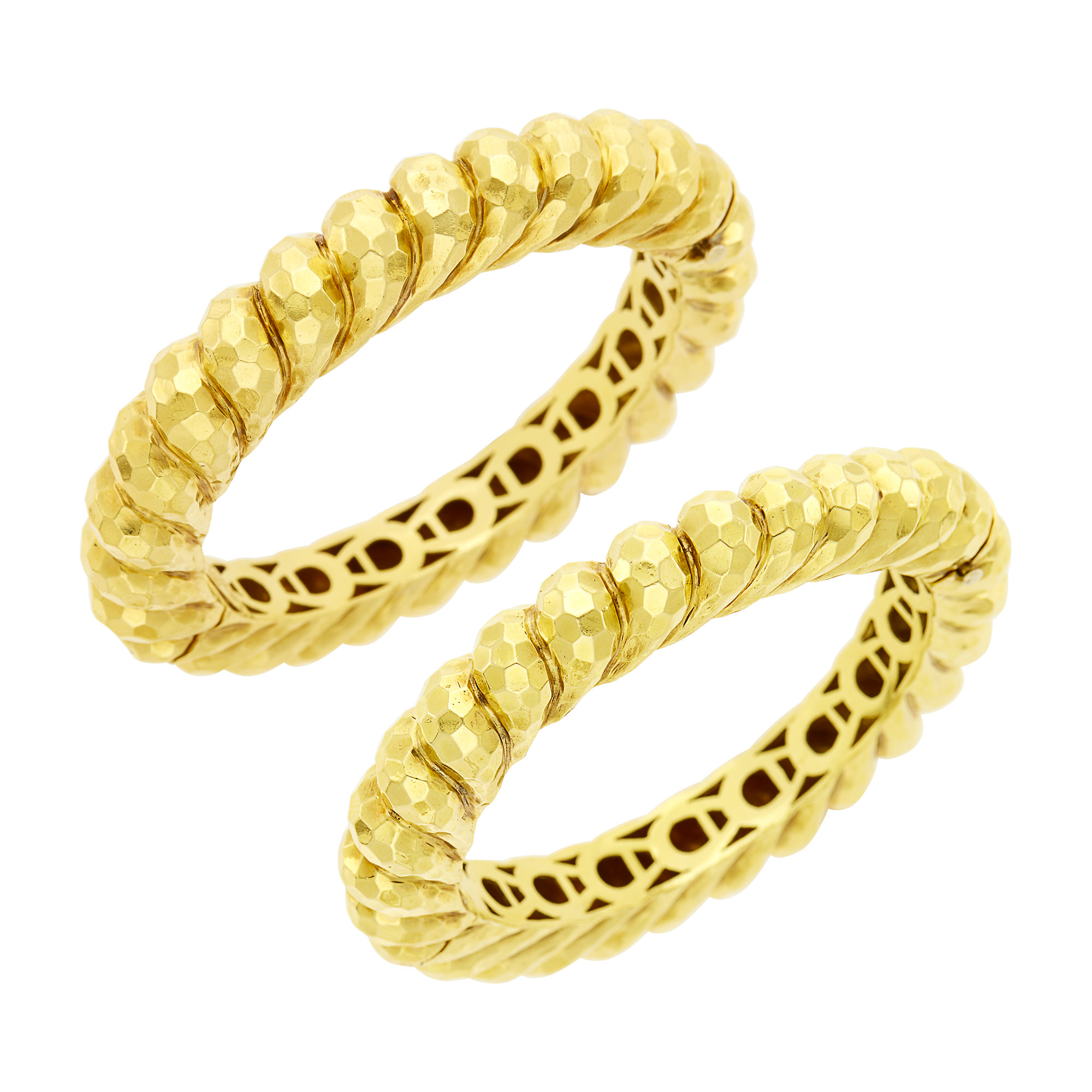 Lot image - Henry Dunay Pair of Hammered Gold Bangle Bracelets