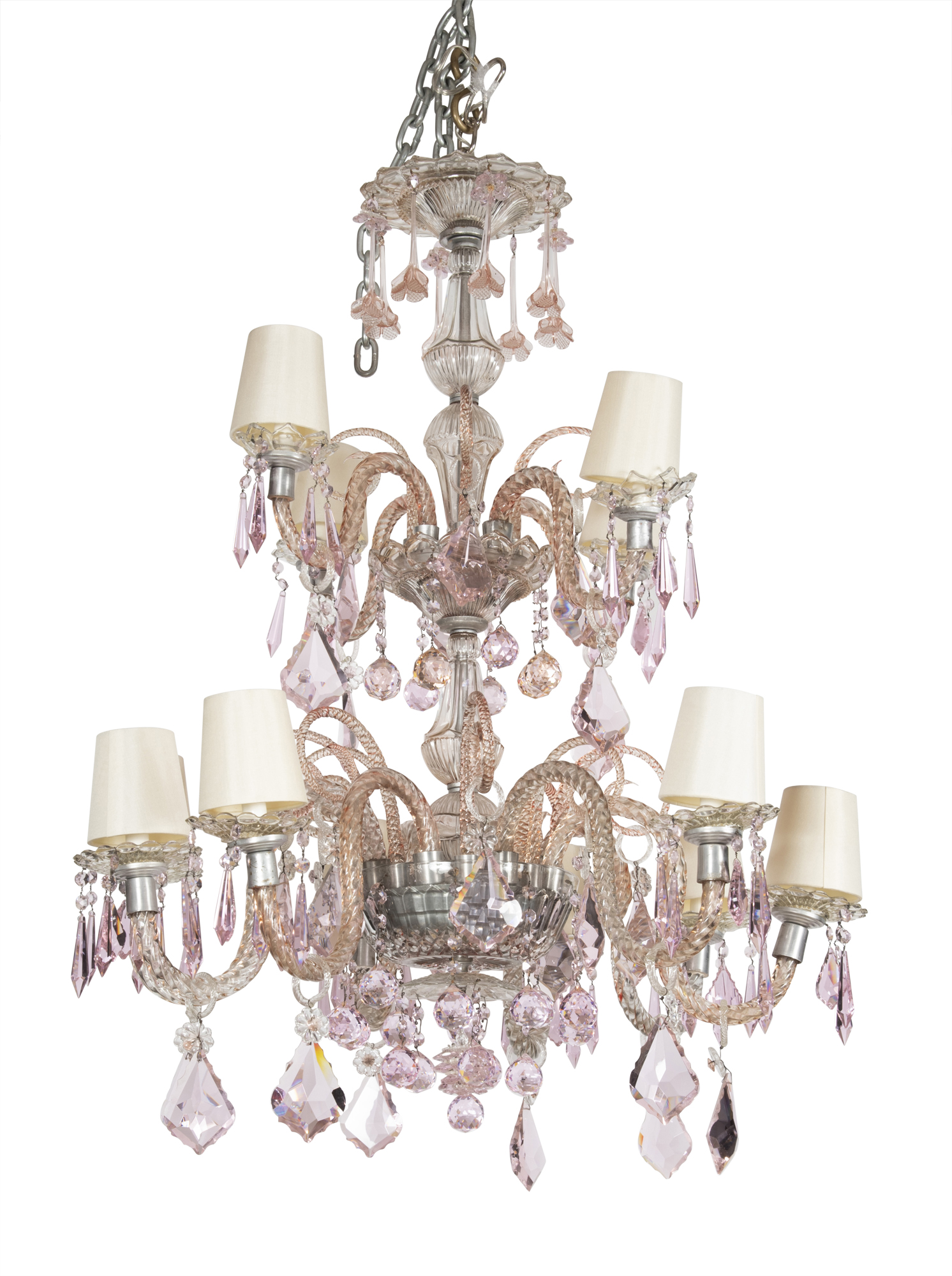 Lot image - George III Style Pink Glass Twelve-Light Chandelier