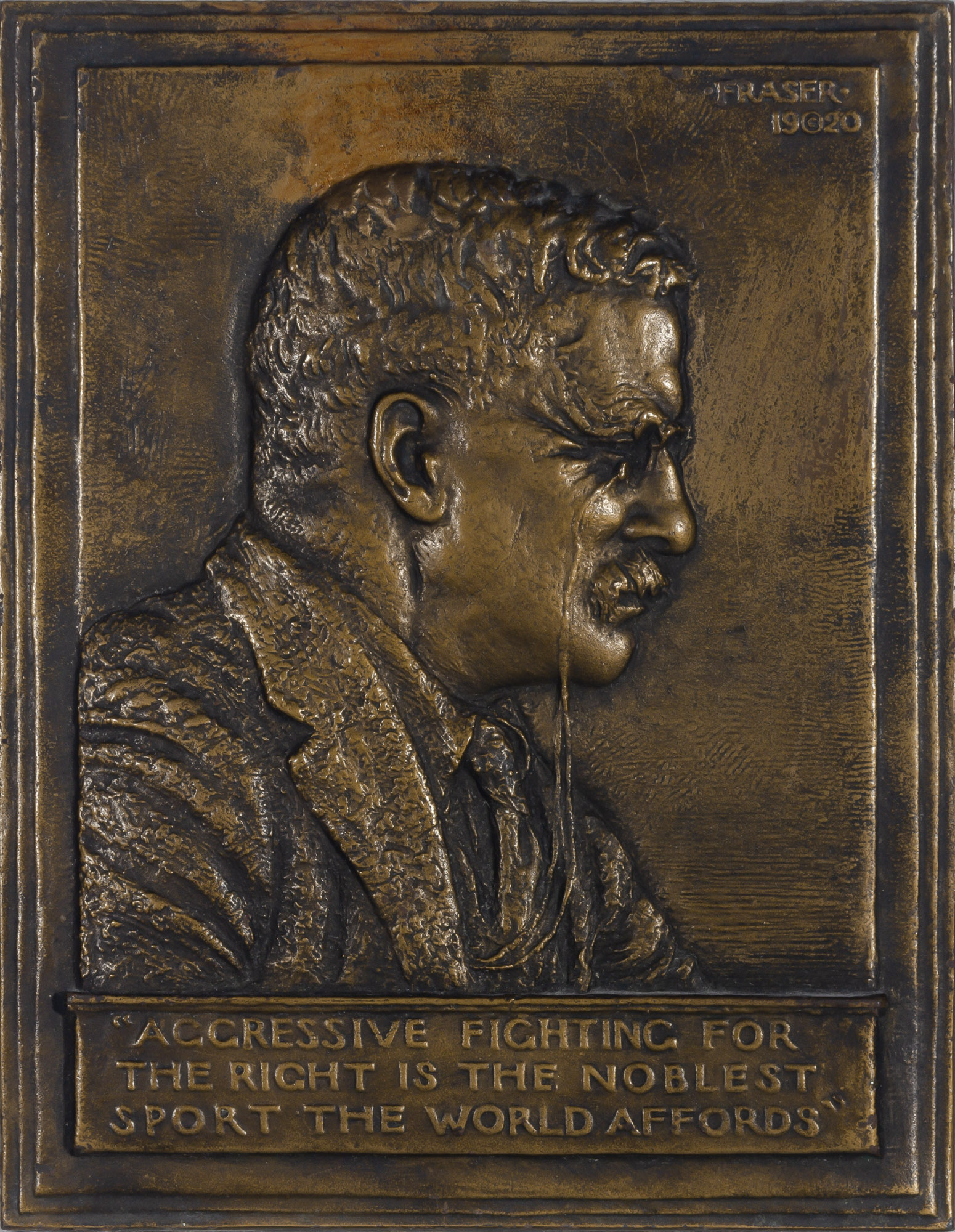 Lot image - [ROOSEVELT, THEODORE]  FRASER, JAMES EARL. Bronze wall plaque portrait of Theodore Roosevelt.
