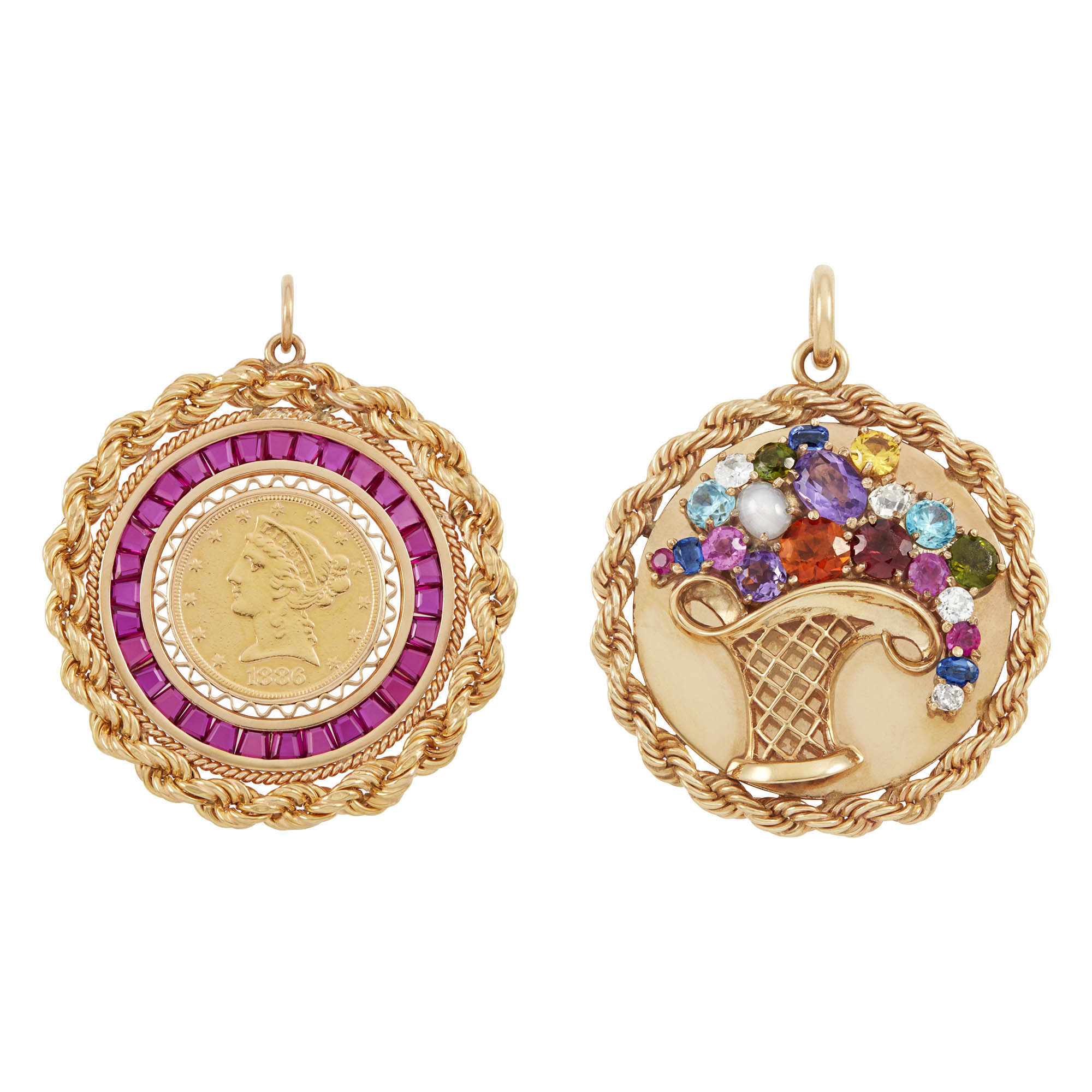 Lot image - Two Gold, Diamond, Gem-Set and Gold Coin Charm Pendants