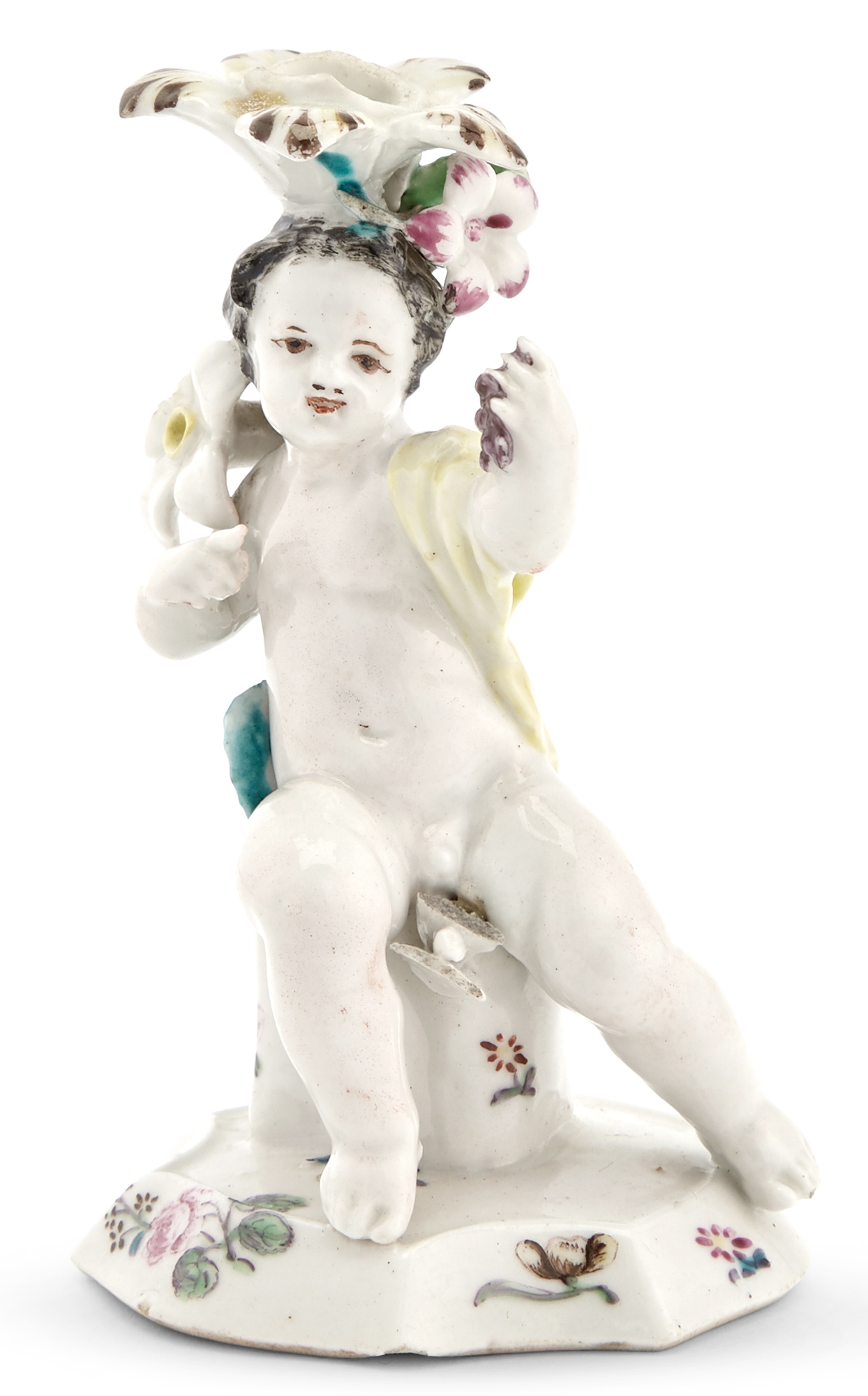 Lot image - St. Jamess (Charles Gouyn) Porcelain Taperstick Figure of a Putto Emblematic of Autumn