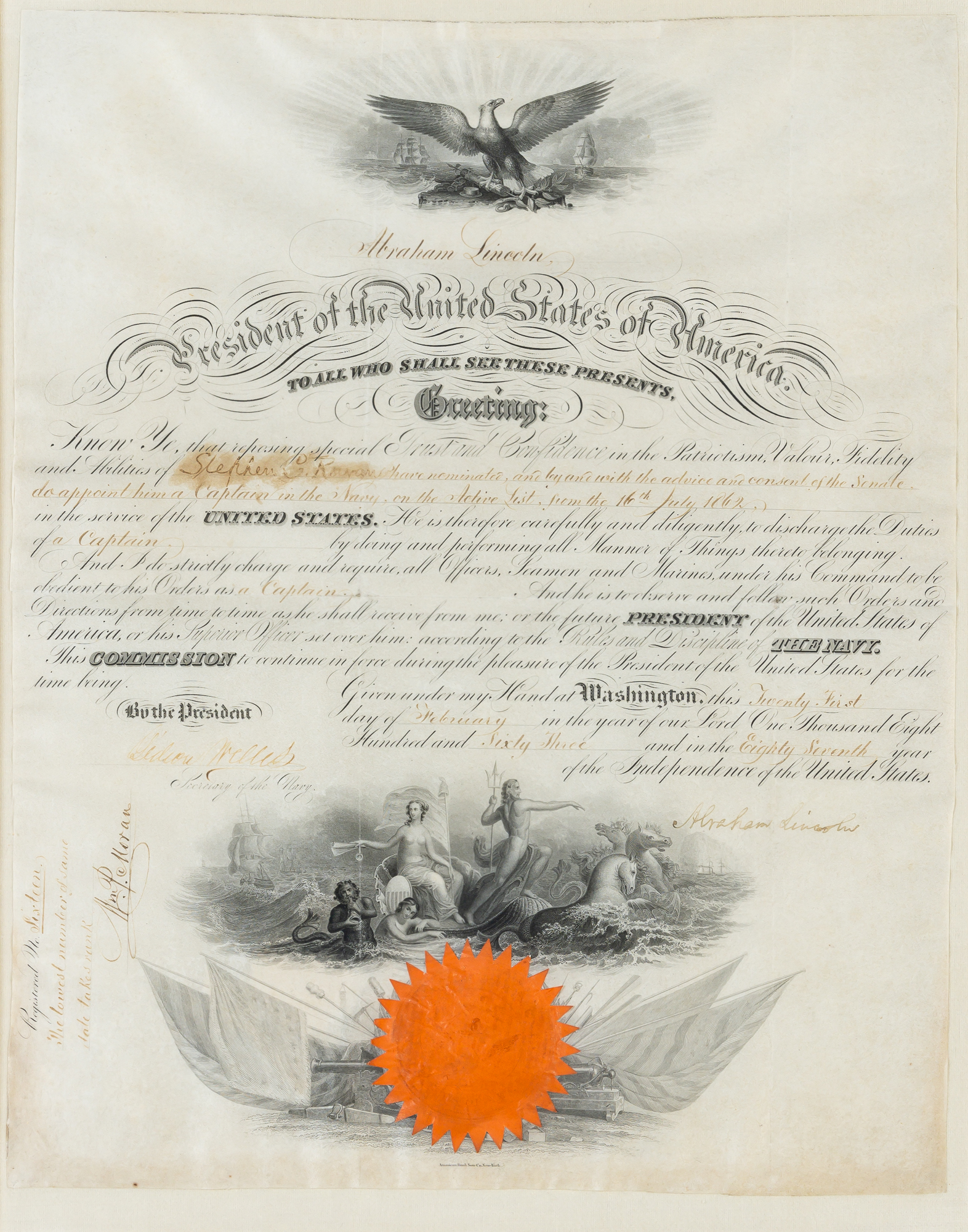 Lot image - LINCOLN, ABRAHAM  Commission signed appointing ironclad commander Stephen Clegg Rowan Captain in the United States Navy.