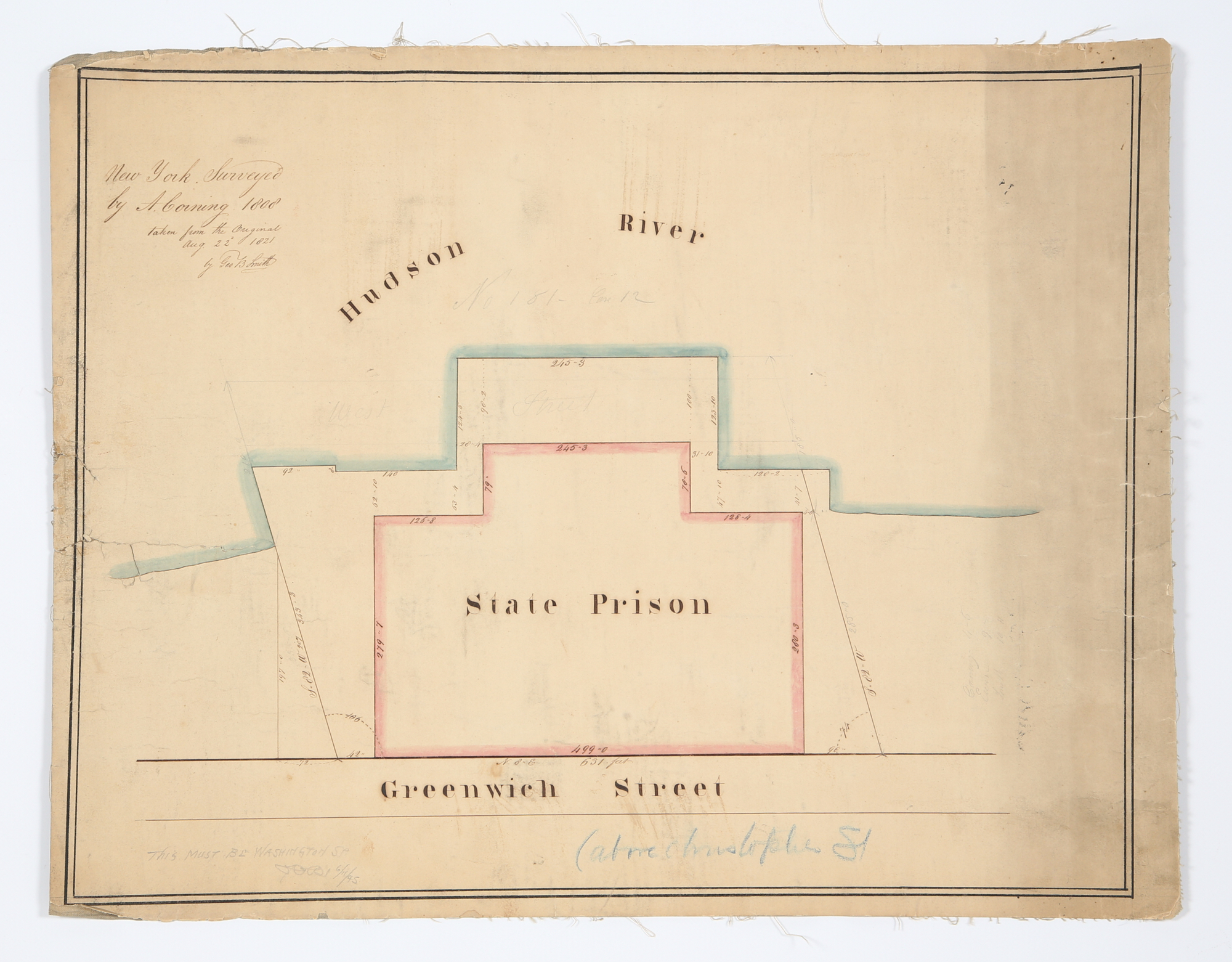 Lot image - [MAP - NEWGATE PRISON]  SMITH, GEO[RGE] B.; after A[BEL] CORNING. [Survey Map of Newgate State Prison in the West Village].