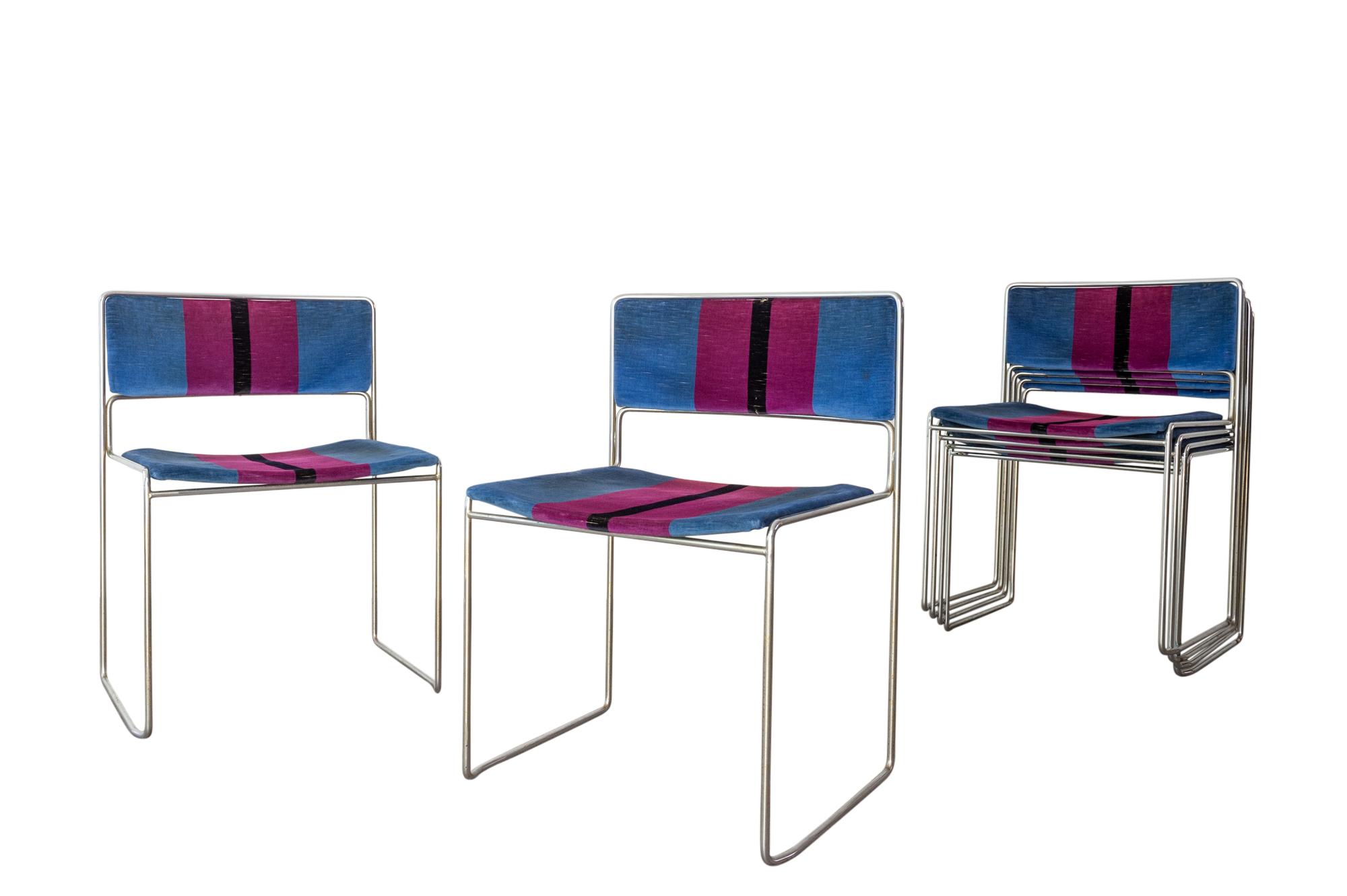 Lot image - Set of Six Preben Fabricius and Jorgen Kastholm Chromed Metal and Fabric Stacking Chairs