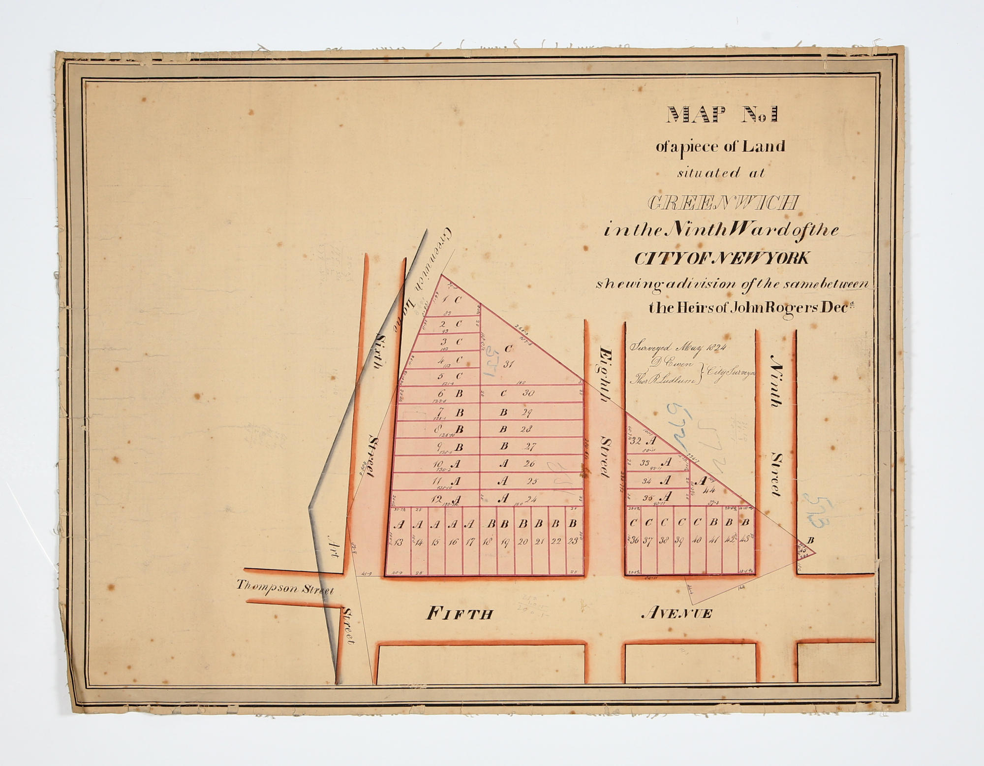 Lot image - [MAP - GREENWICH VILLAGE]  EWEN, D[ANIEL]; and THOS. R. LUDLOW. Map No. 1 of a piece of Land situated at Greenwich in the Ninth Ward of the City of New York shewing a division of the same between the Heirs of John Rogers Dec[ease]d.