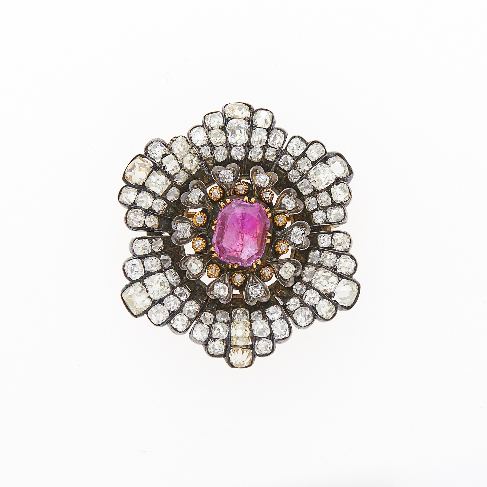 Lot image - Silver, Gold, Foil-Backed Pink Sapphire and Diamond Brooch