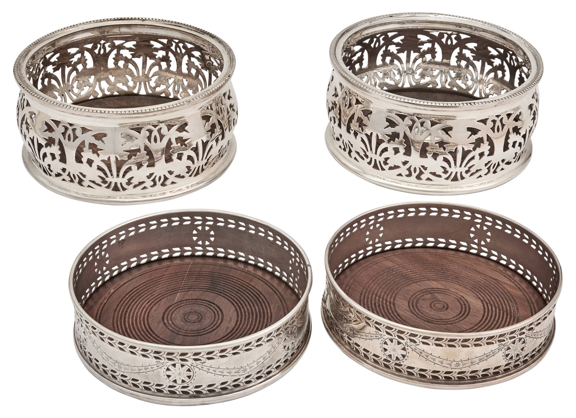Lot image - Two Pairs of English Silver-Plated Bottle Coasters