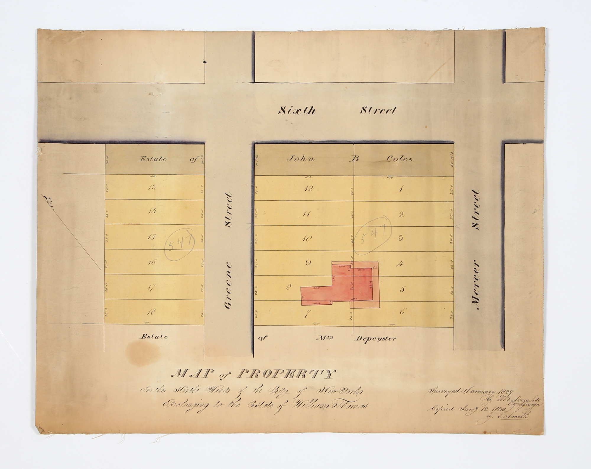 Lot image - [MAP - GREENWICH VILLAGE]  SMITH, E[DWIN]; after W. B. DOUGHTY. Map of Property in the Ninth Ward of the City of New York Belonging to William Thomas.