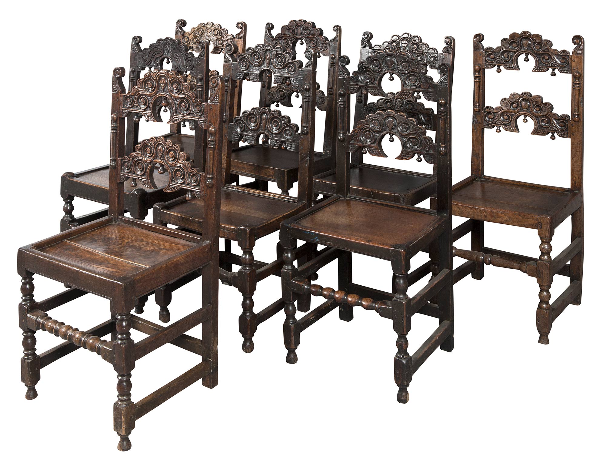 Lot image - Assembled Set of Eight South Yorkshire Oak Back Stools