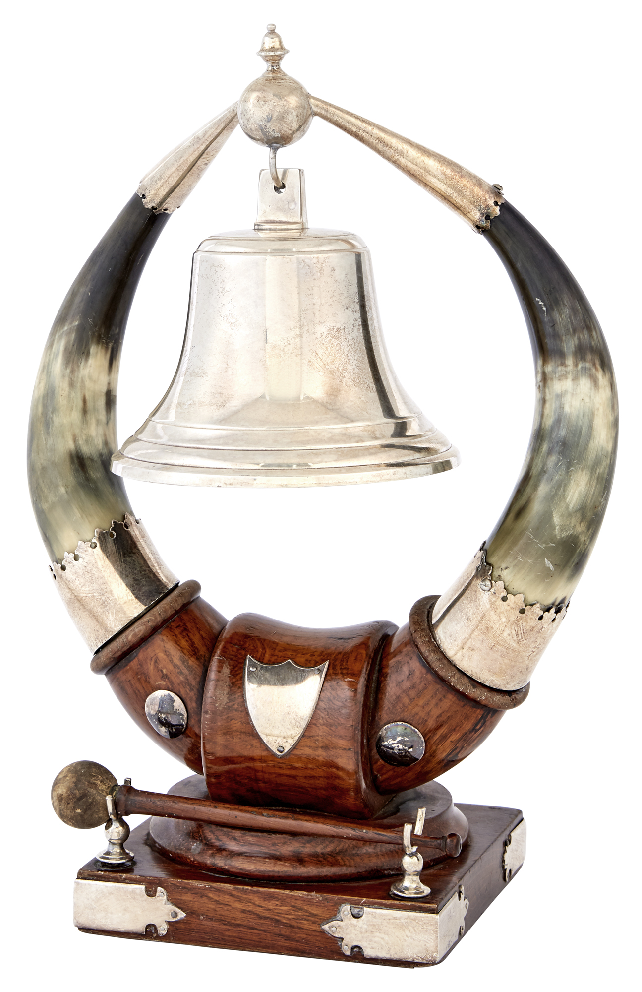 Lot image - Edwardian Silver Plate, Horn and Oak Dinner Bell