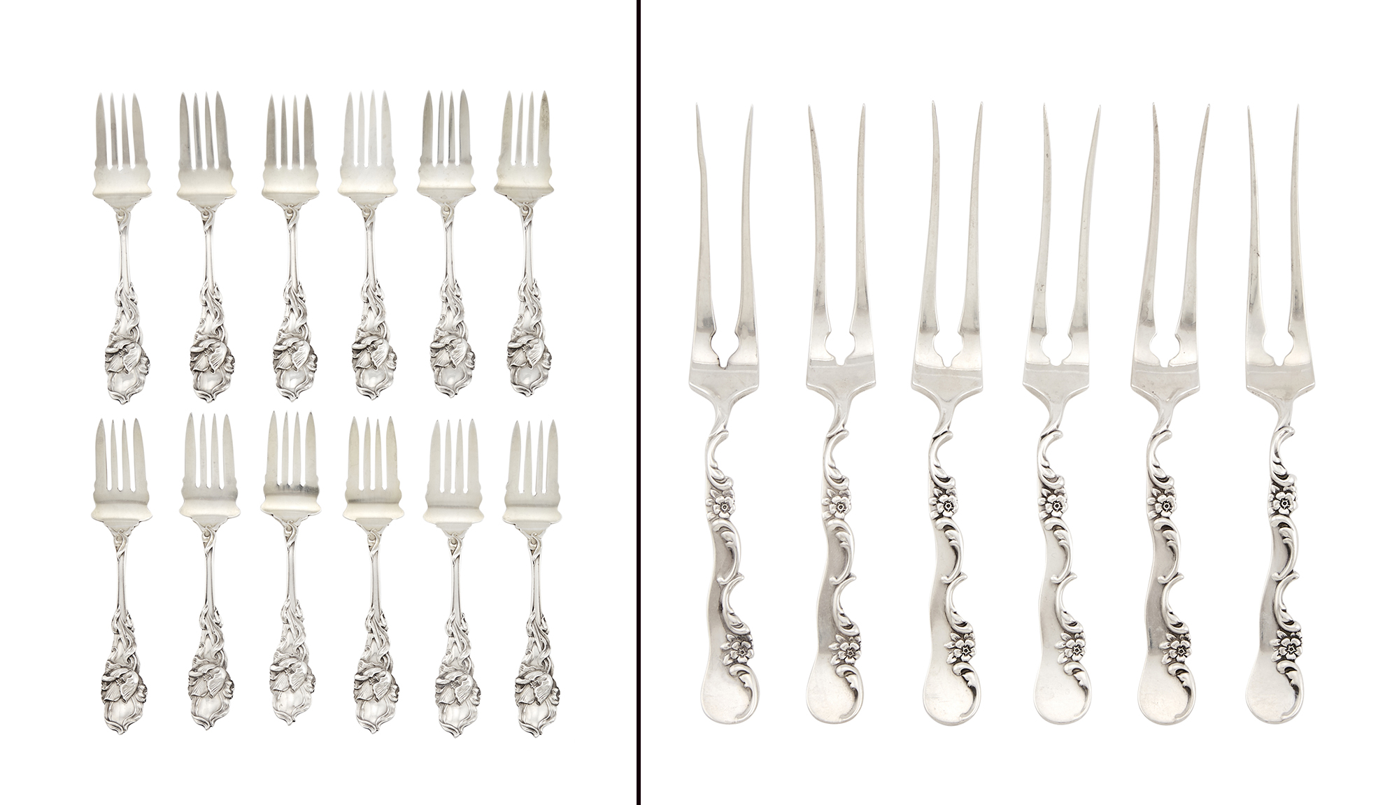 Lot image - Set of Six George W. Shiebler Sterling Silver Strawberry Forks and Set of Twelve American Sterling Silver Pastry Forks