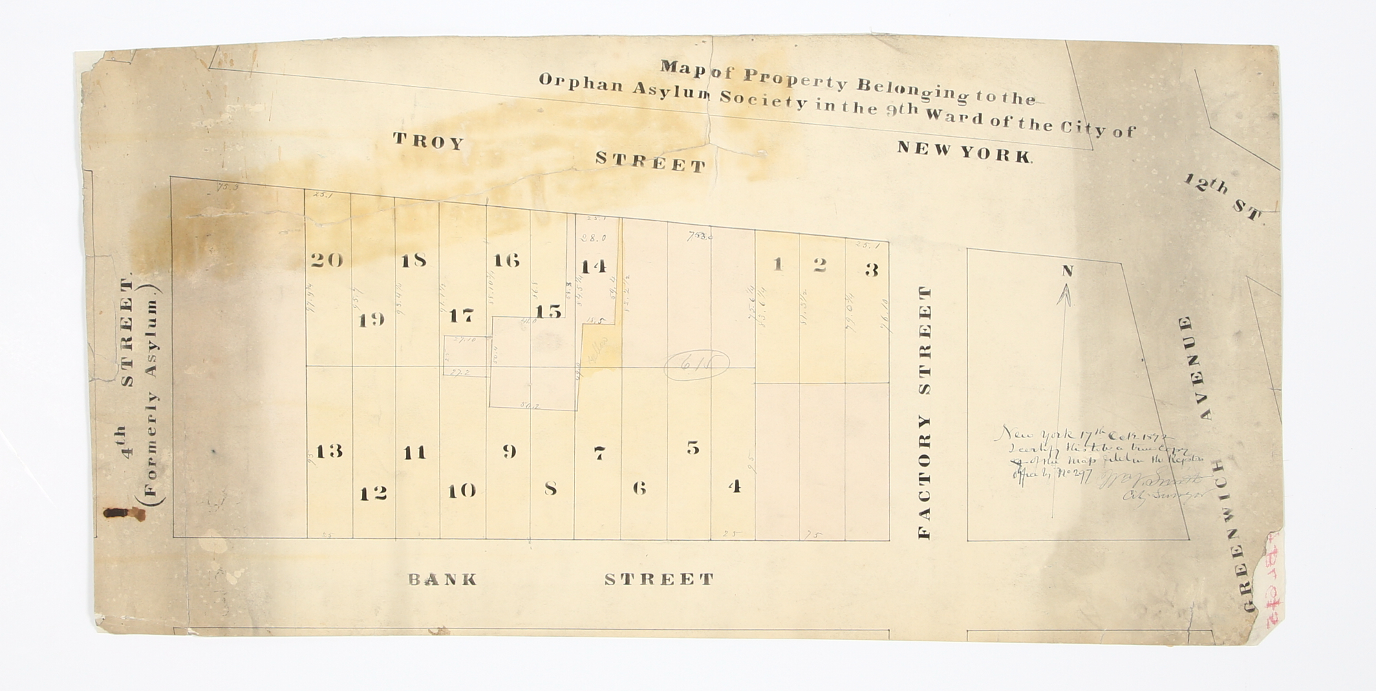 Lot image - [MAP - GREENWICH VILLAGE]  SMITH, W[ILLIA]M A. [?]. Map of Property Belonging to the Orphan Asylum Society in the 9th Ward of the City of New York